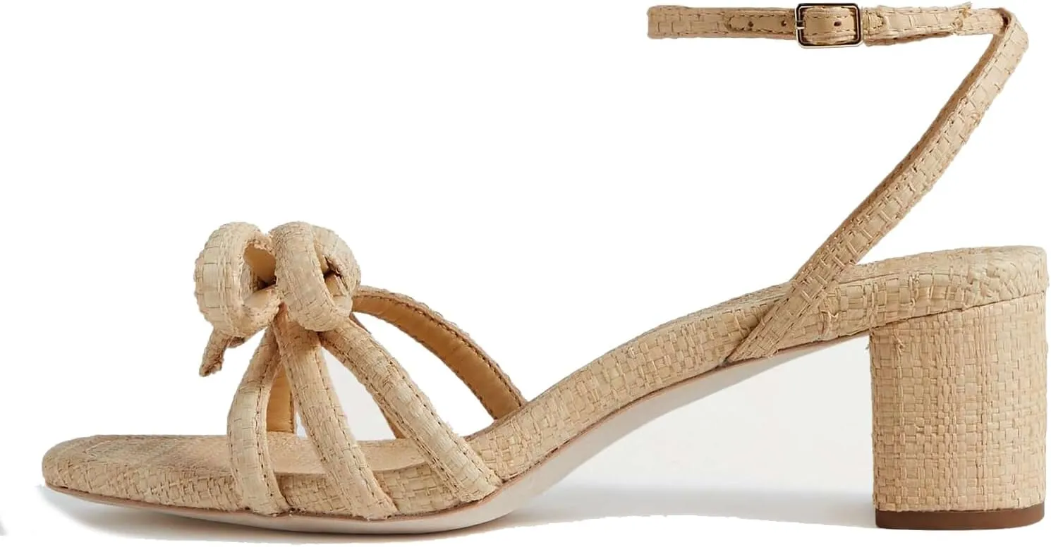 Arqa Bow-embellished Natural Raffia Heeled Sandals for Women Open Squared Toe Block Mid Heel Ankle Strap Sandal Summer Wedding Party Dressy Shoes
