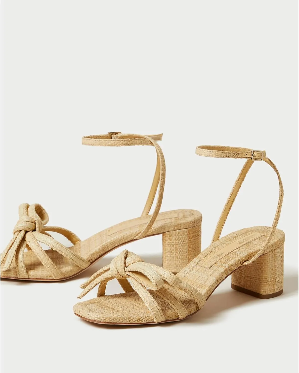 Arqa Bow-embellished Natural Raffia Heeled Sandals for Women Open Squared Toe Block Mid Heel Ankle Strap Sandal Summer Wedding Party Dressy Shoes
