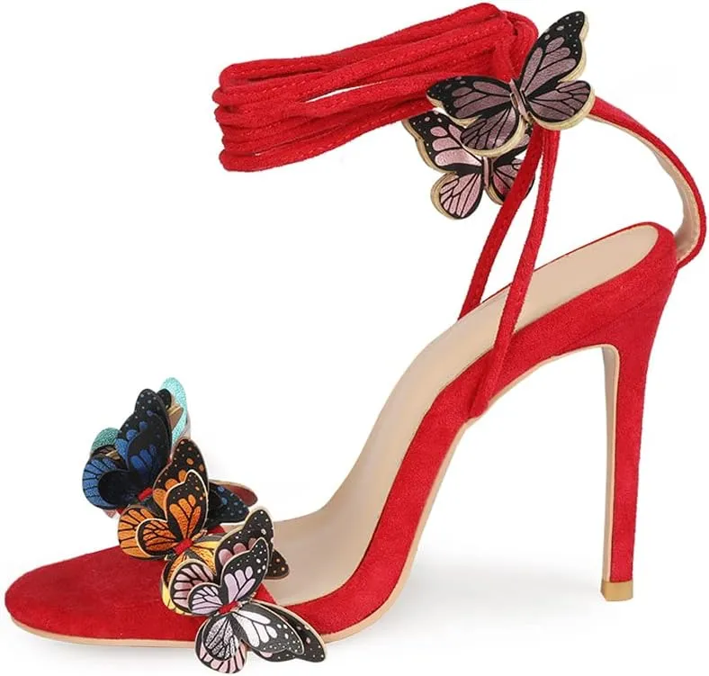 Arqa Strappy Sandals for Women Butterfly Ankle Wrap Stiletto High Heels Open Toe Suede Lace-up Heeled Sandal Wedding Bride Dressy Pumps