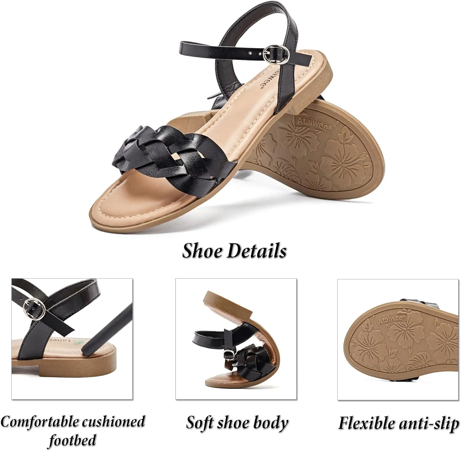 Ataiwee Women's Slide Flat Sandals - Comfortable Slip On Plait Toe Thong Strappy Spring Summer Shoes.