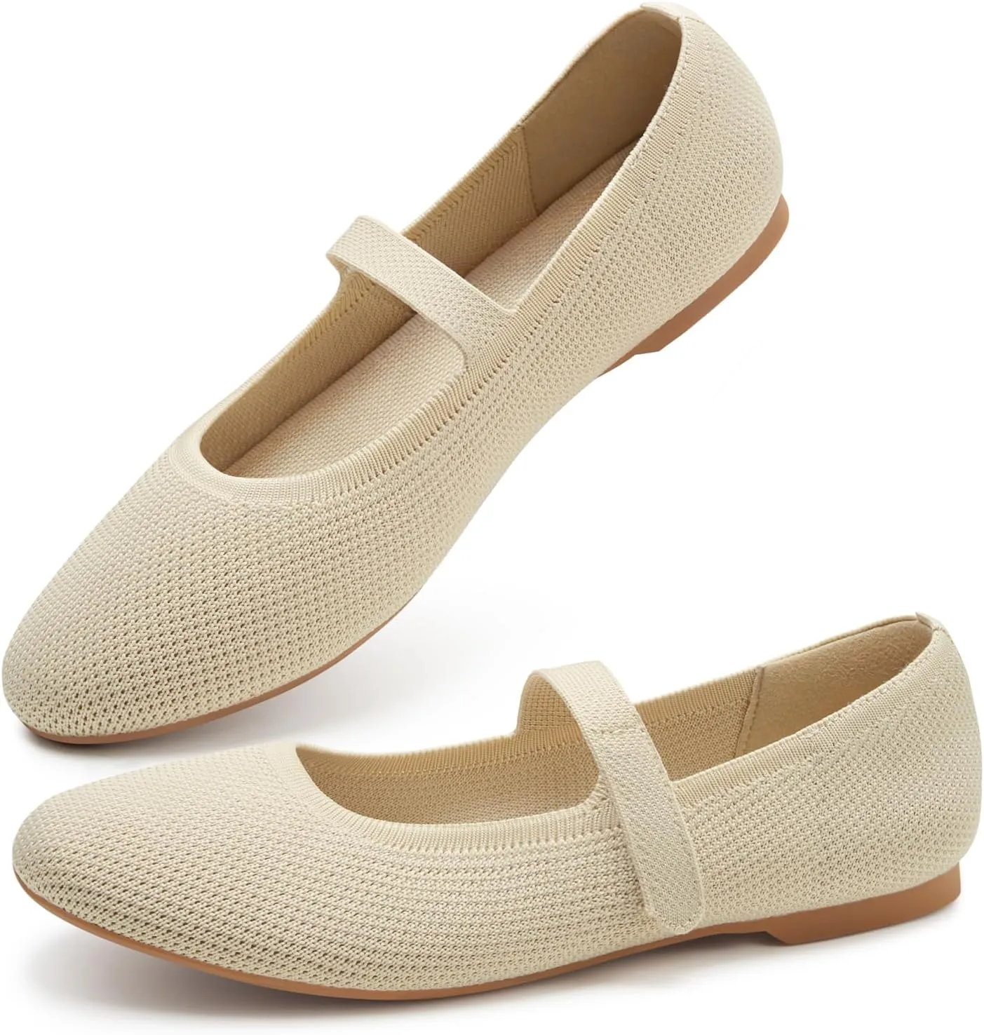 ATHMILE Mary Jane Shoes Women Round Toe Knit Ballet Flats Shoes for Women Comfortable Dressy Washable Adjustable Strap for Work Office Casual