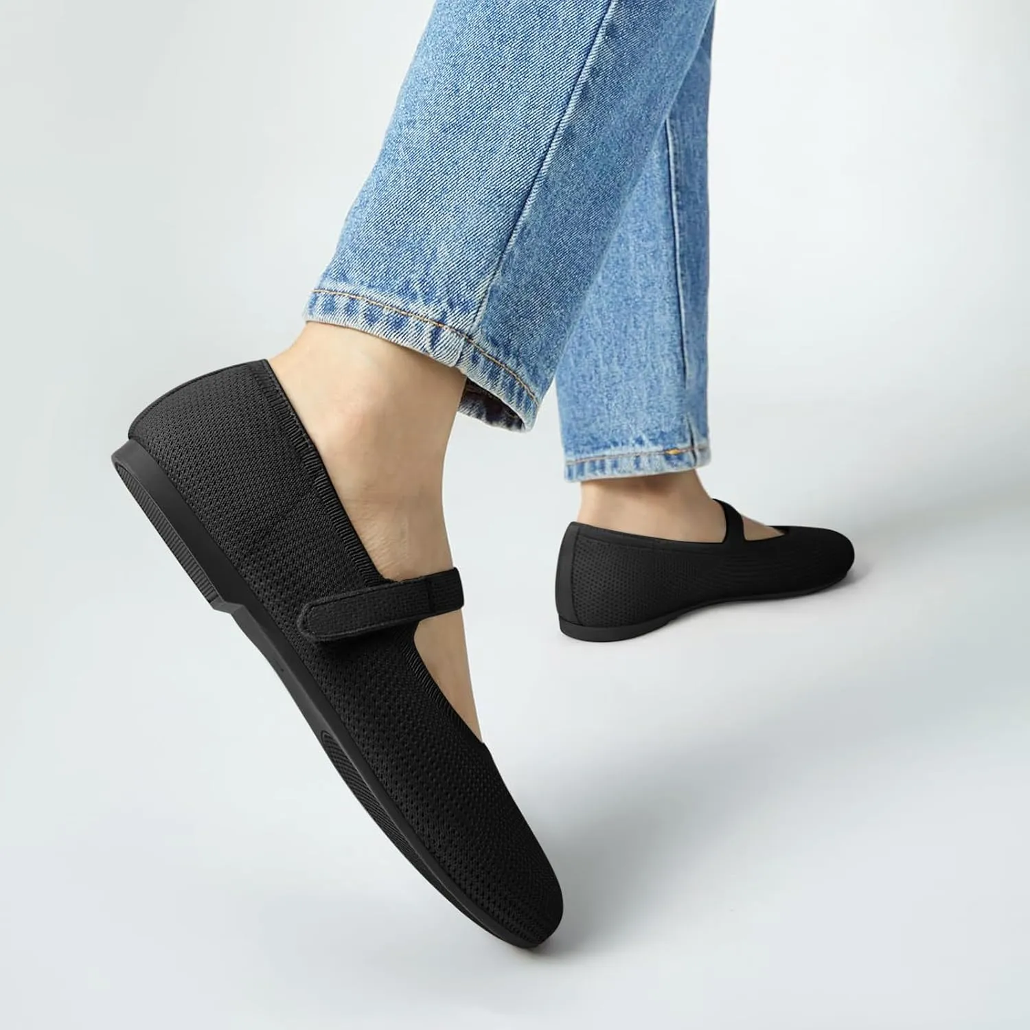 ATHMILE Mary Jane Shoes Women Round Toe Knit Ballet Flats Shoes for Women Comfortable Dressy Washable Adjustable Strap for Work Office Casual