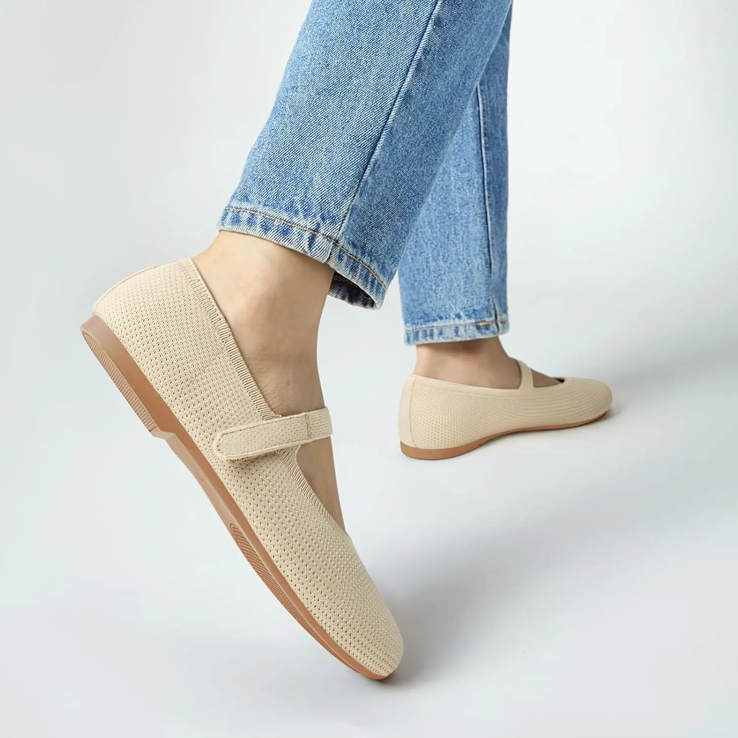 ATHMILE Mary Jane Shoes Women Round Toe Knit Ballet Flats Shoes for Women Comfortable Dressy Washable Adjustable Strap for Work Office Casual
