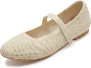 ATHMILE Mary Jane Shoes Women Round Toe Knit Ballet Flats Shoes for Women Comfortable Dressy Washable Adjustable Strap for Work Office Casual