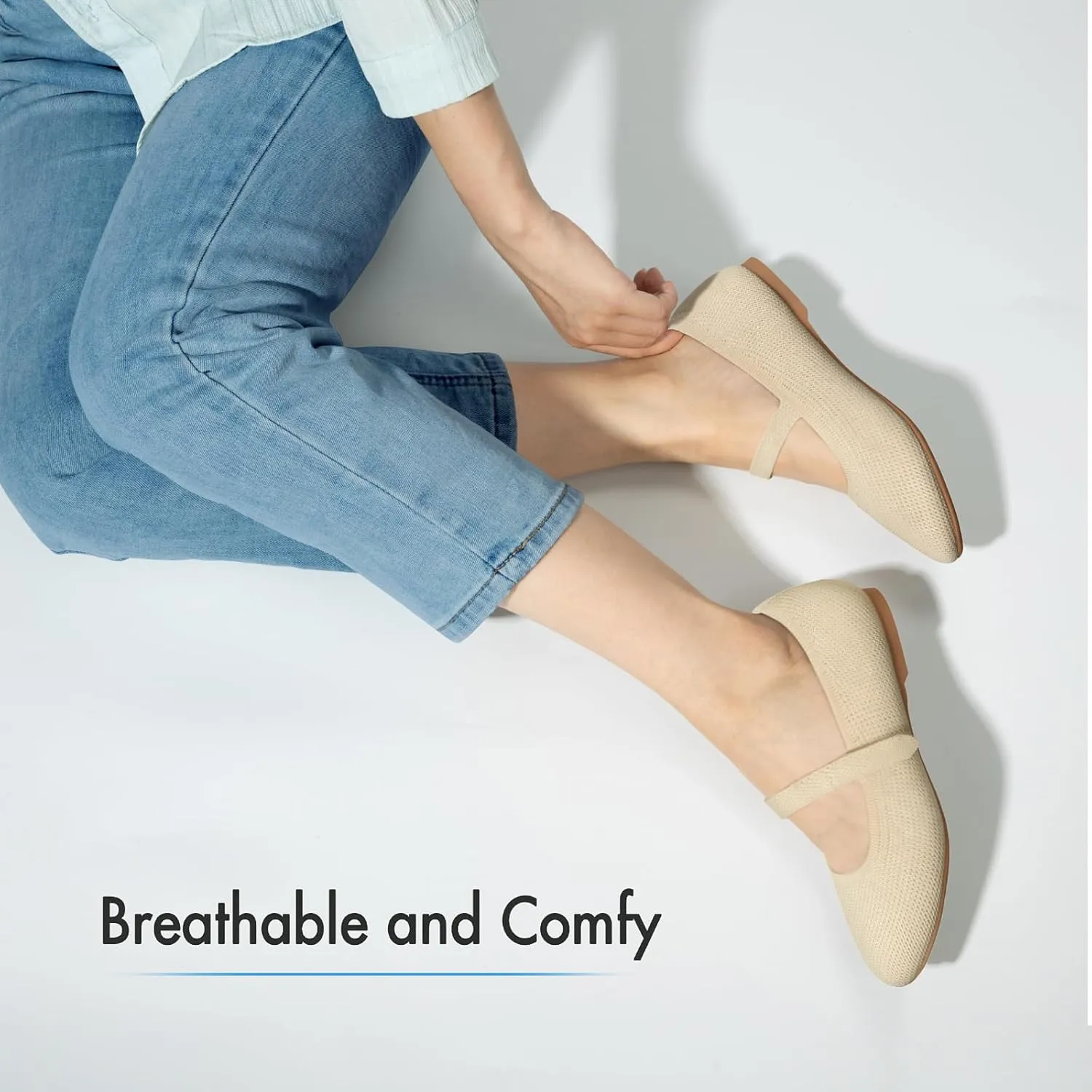 ATHMILE Mary Jane Shoes Women Round Toe Knit Ballet Flats Shoes for Women Comfortable Dressy Washable Adjustable Strap for Work Office Casual