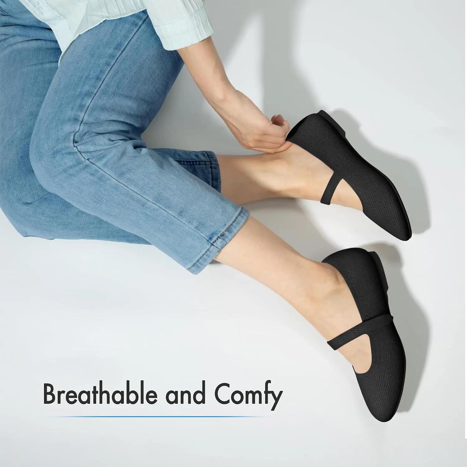 ATHMILE Mary Jane Shoes Women Round Toe Knit Ballet Flats Shoes for Women Comfortable Dressy Washable Adjustable Strap for Work Office Casual