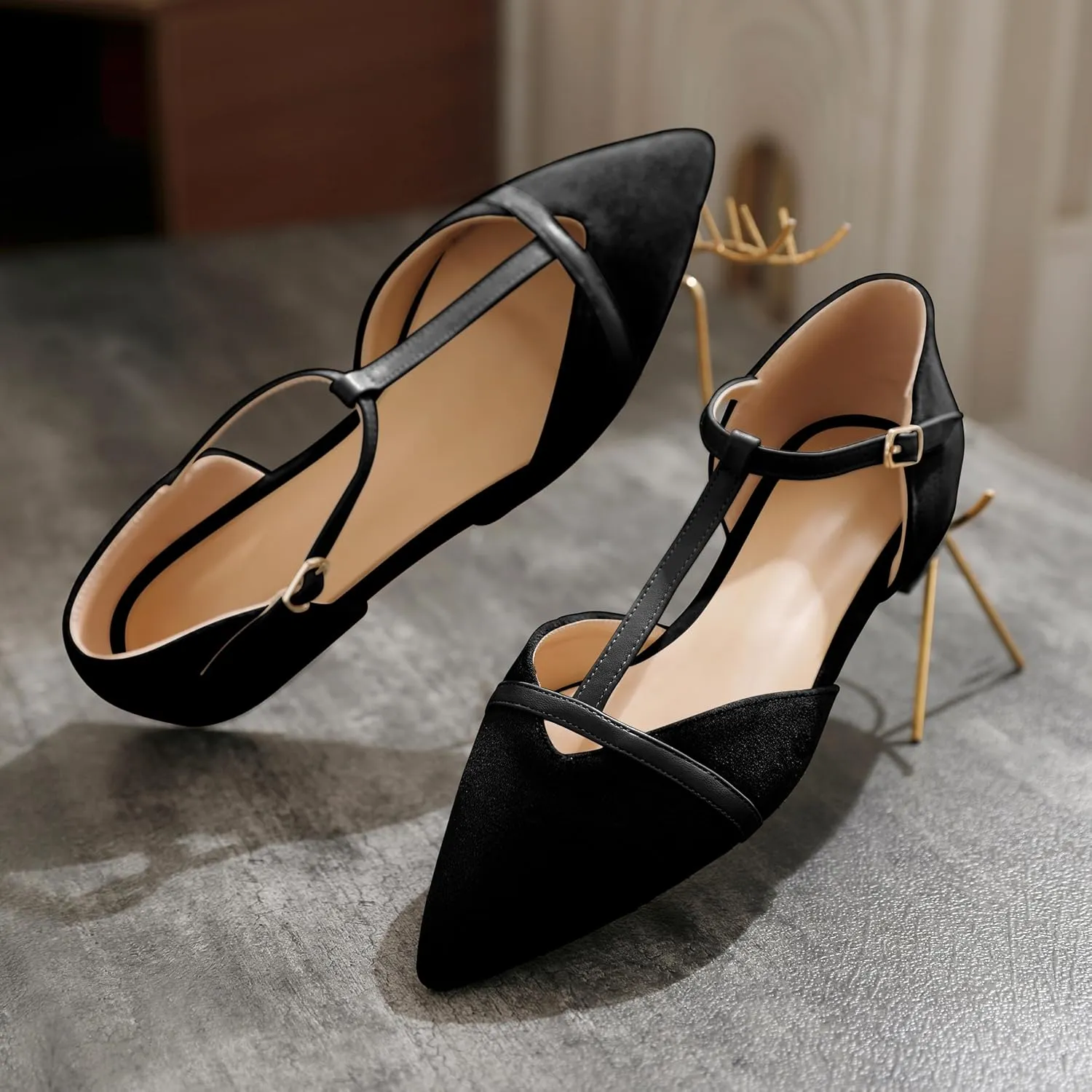 AUMOTED Women's Mary Jane Flat Pointed Toe Flats Low Heel D'Orsay Slip-on Pumps Casual Walking Shoes