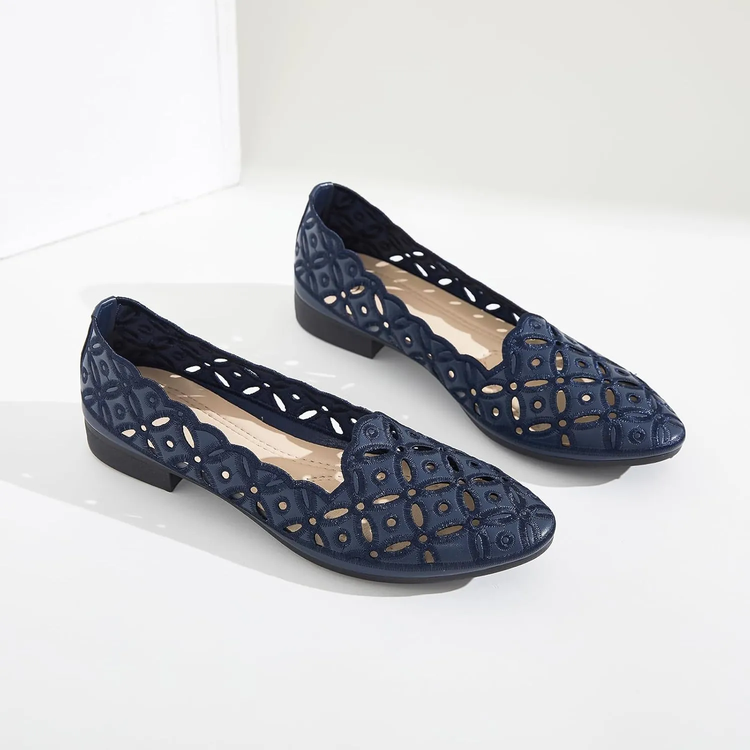 BABUDOG Womens Flats,Black and White Dress Flats with Flower Eyelets,Breathable Ballet Flats