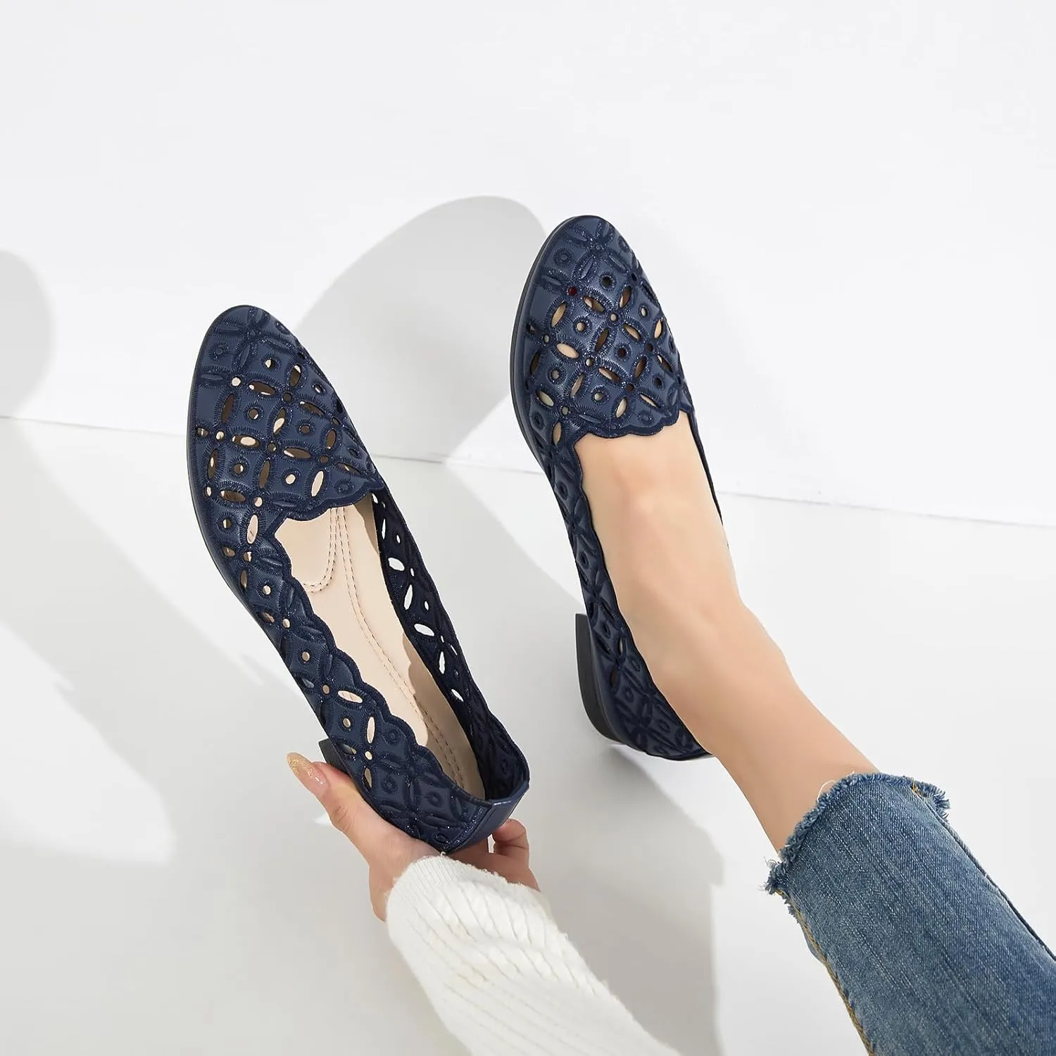 BABUDOG Womens Flats,Black and White Dress Flats with Flower Eyelets,Breathable Ballet Flats