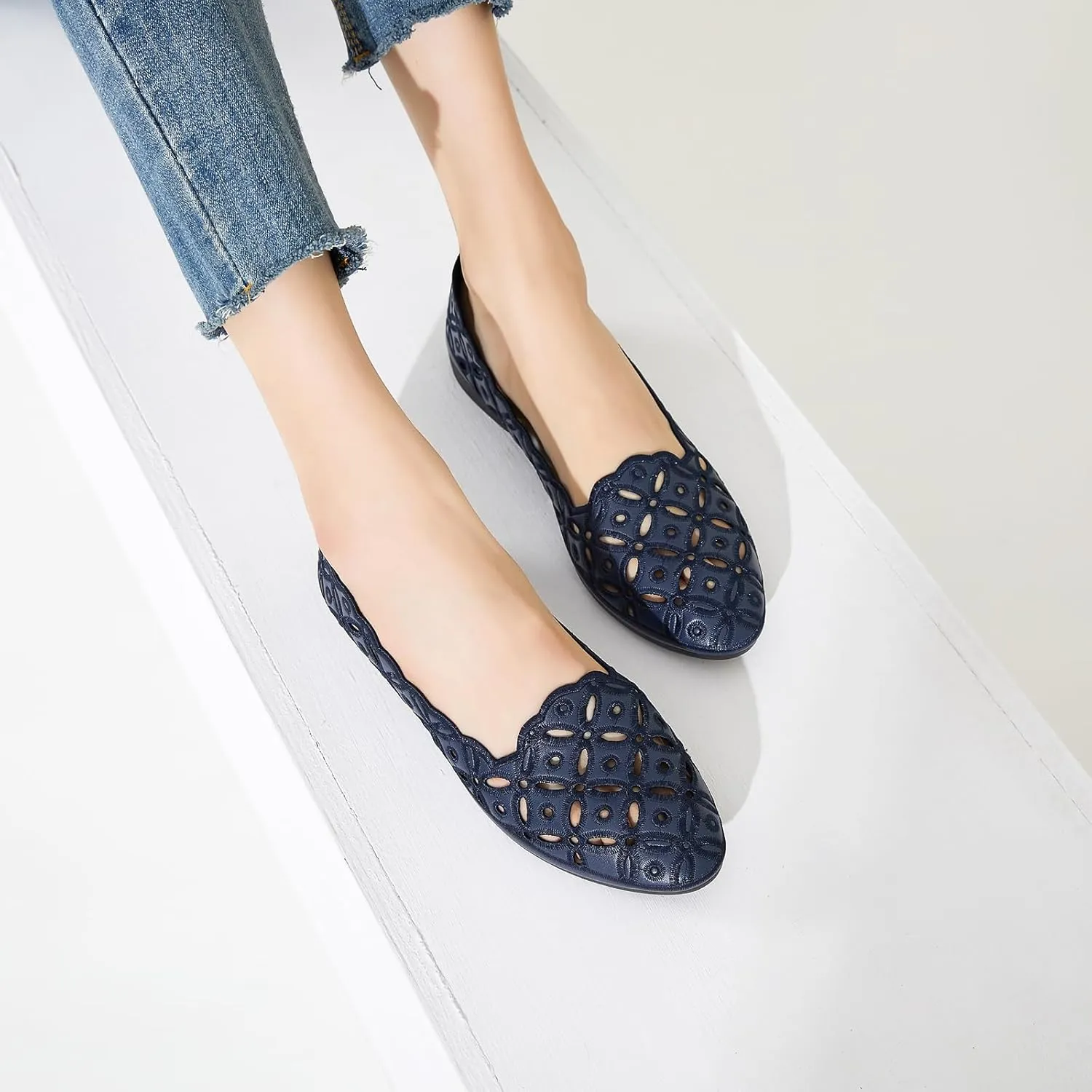 BABUDOG Womens Flats,Black and White Dress Flats with Flower Eyelets,Breathable Ballet Flats