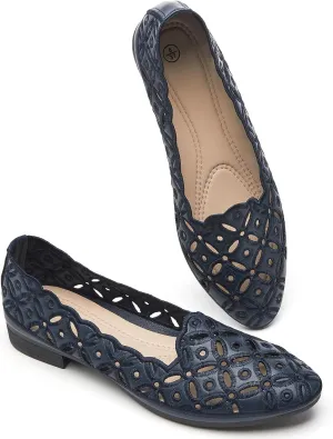 BABUDOG Womens Flats,Black and White Dress Flats with Flower Eyelets,Breathable Ballet Flats