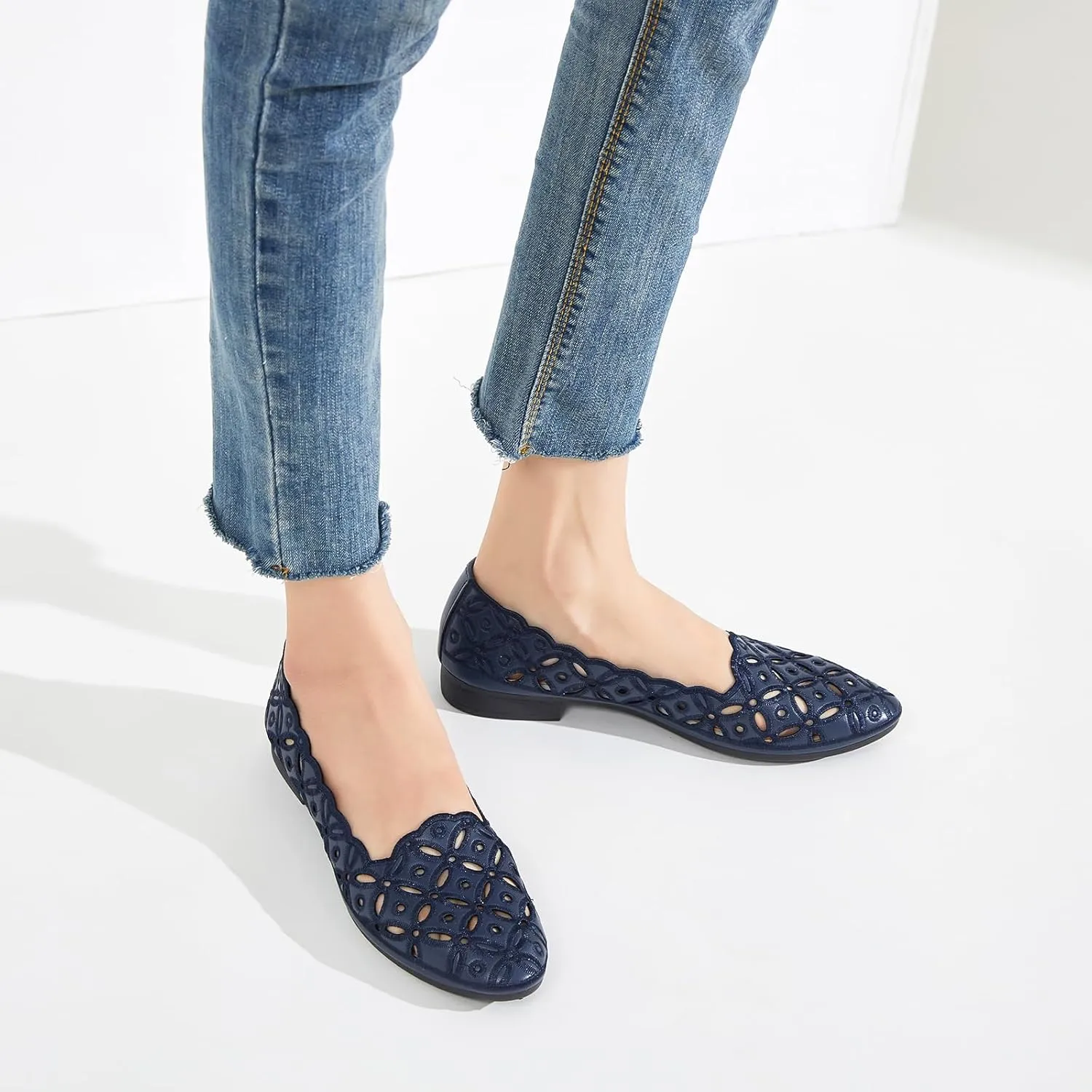 BABUDOG Womens Flats,Black and White Dress Flats with Flower Eyelets,Breathable Ballet Flats