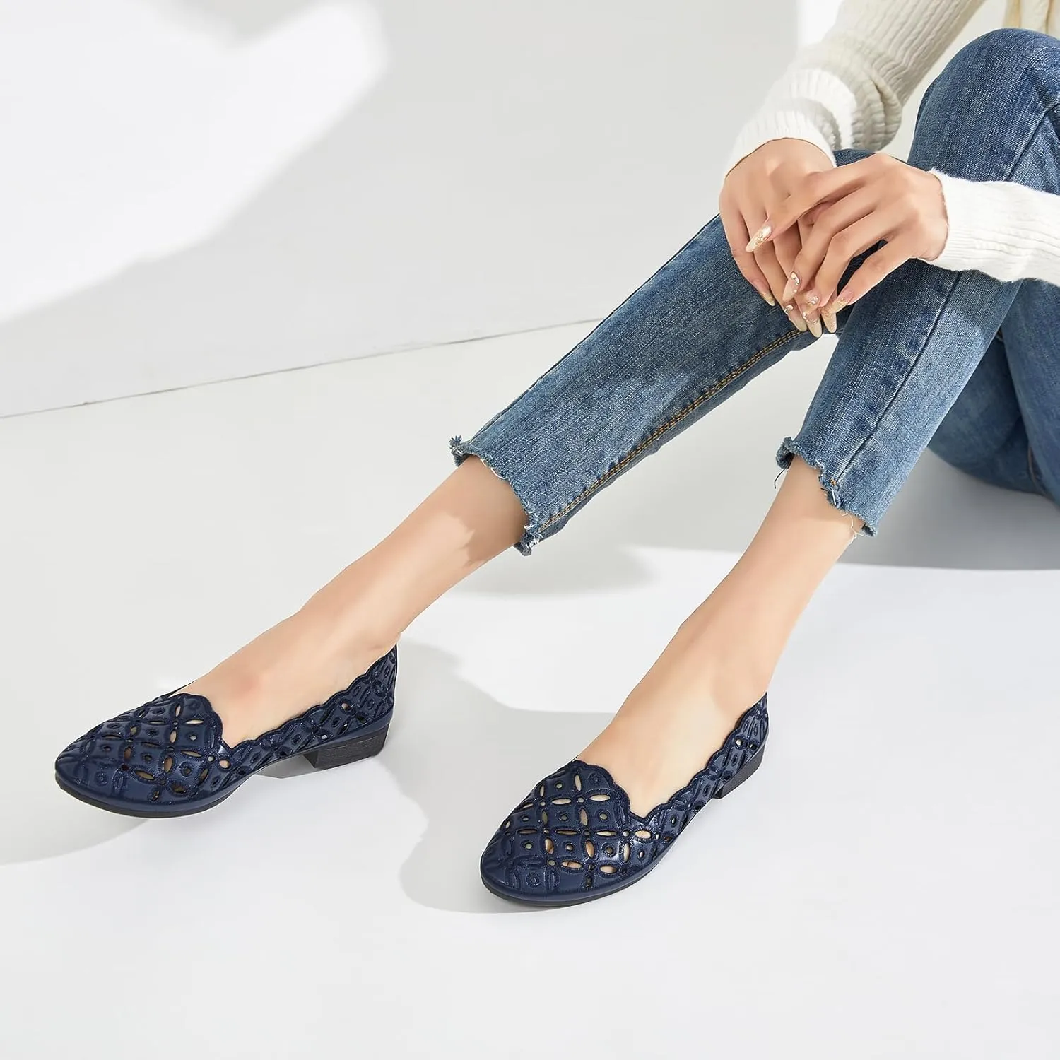 BABUDOG Womens Flats,Black and White Dress Flats with Flower Eyelets,Breathable Ballet Flats