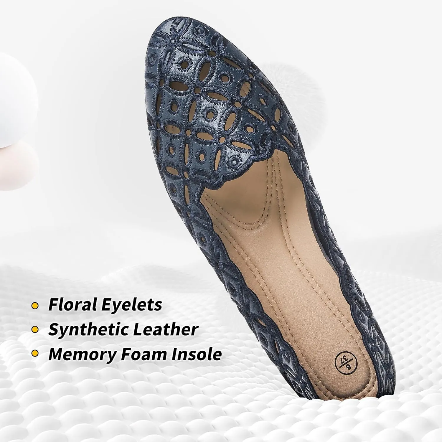 BABUDOG Womens Flats,Black and White Dress Flats with Flower Eyelets,Breathable Ballet Flats