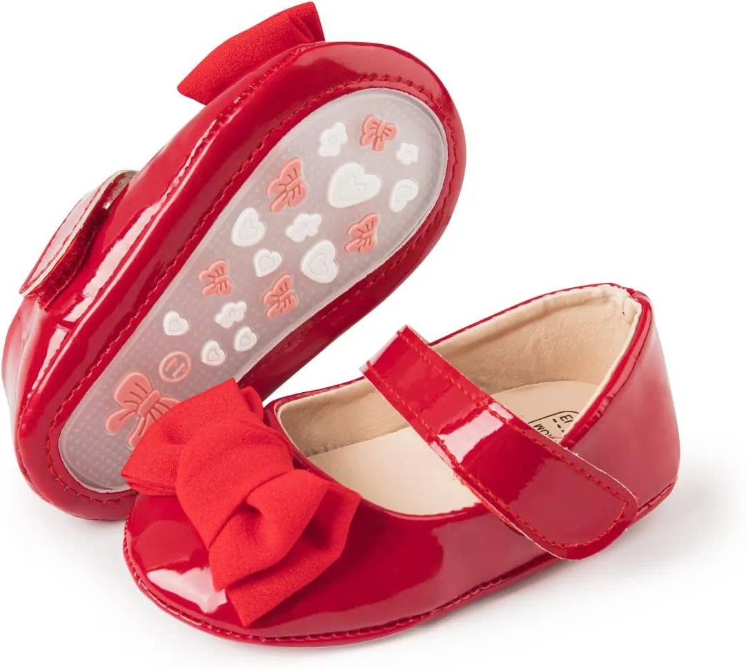 Baby Mary Jane Flats for Girls with Bowknot Cotton Anti Skid Sole Infant First Walker Princess Dress Crib Wedding Shoes
