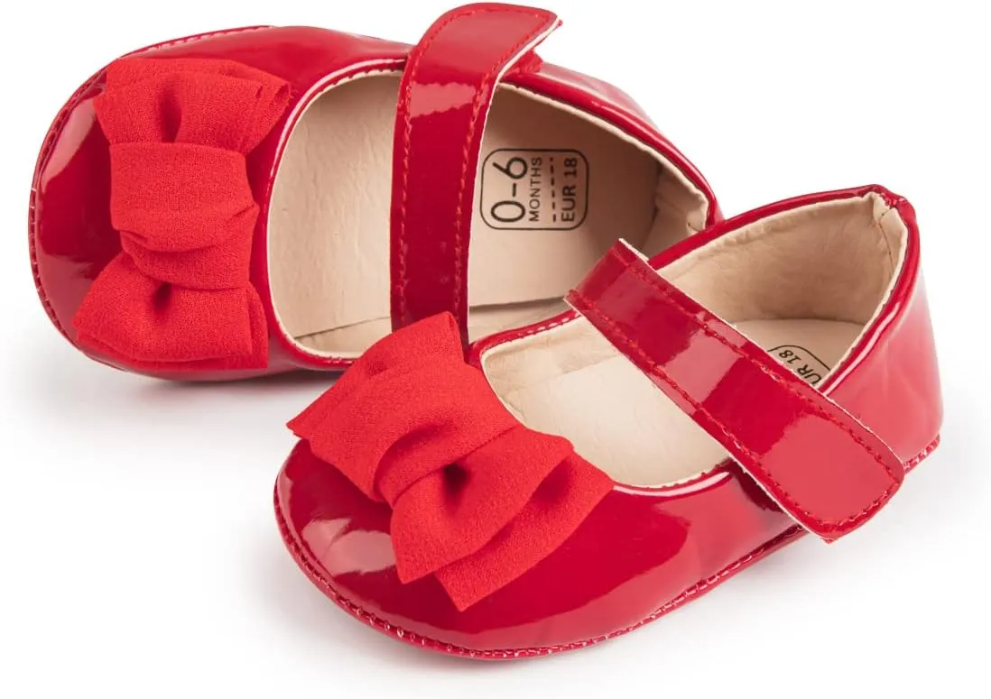 Baby Mary Jane Flats for Girls with Bowknot Cotton Anti Skid Sole Infant First Walker Princess Dress Crib Wedding Shoes