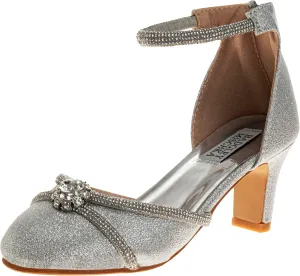 Badgley Mischka Heel Dress Pumps with Ankle Straps - Kids Fashion Dressy Close Toe Block Heel Shoes for Girls - Silver (Sizes 2 Big Kid)