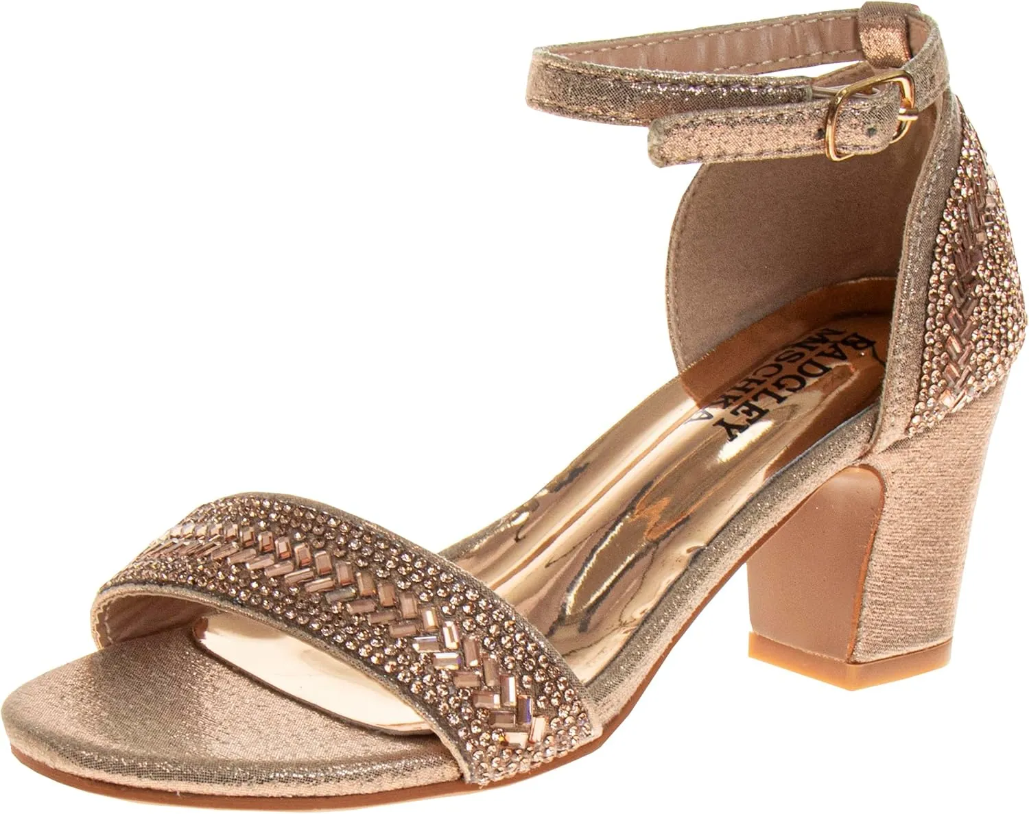 Badgley Mischka Heel Dress Pumps with Ankle Straps - Kids Fashion Dressy Open Toe Block Heel Shoes for Girls - Rose Gold (Sizes 2 Big Kid)
