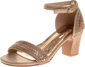 Badgley Mischka Heel Dress Pumps with Ankle Straps - Kids Fashion Dressy Open Toe Block Heel Shoes for Girls - Rose Gold (Sizes 2 Big Kid)