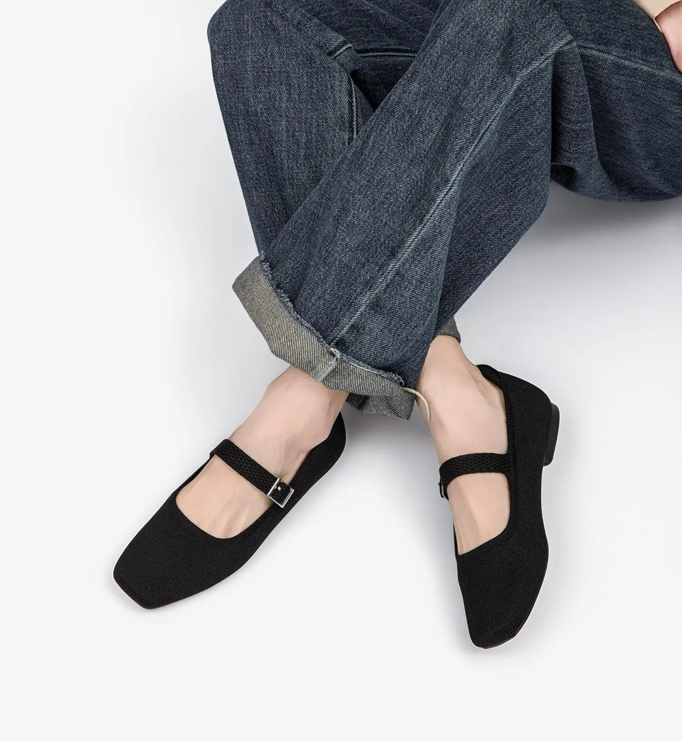 Ballet Flats for Women, Square Toe Mary Jane Shoes Comfortable Dressy Flats Adjustable Straps Washable Knit Casual Office Shoes with Arch Support Latex Insole
