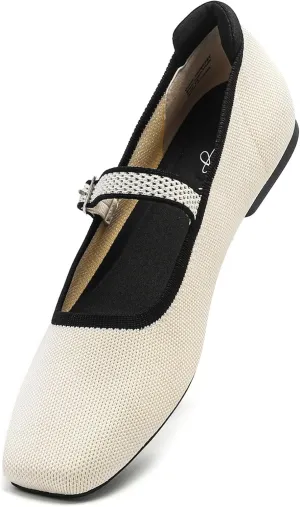 Ballet Flats for Women, Square Toe Mary Jane Shoes Comfortable Dressy Flats Adjustable Straps Washable Knit Casual Office Shoes with Arch Support Latex Insole