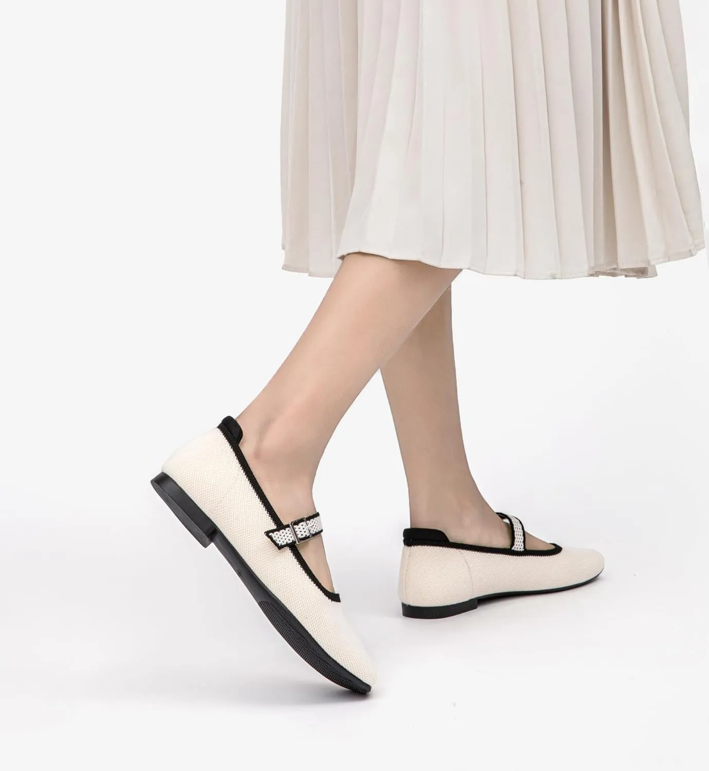 Ballet Flats for Women, Square Toe Mary Jane Shoes Comfortable Dressy Flats Adjustable Straps Washable Knit Casual Office Shoes with Arch Support Latex Insole