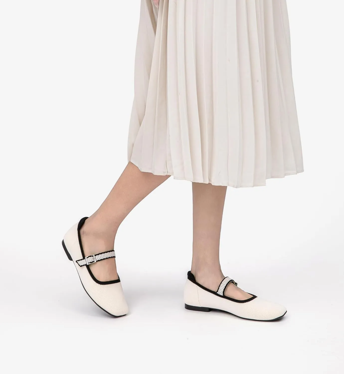 Ballet Flats for Women, Square Toe Mary Jane Shoes Comfortable Dressy Flats Adjustable Straps Washable Knit Casual Office Shoes with Arch Support Latex Insole