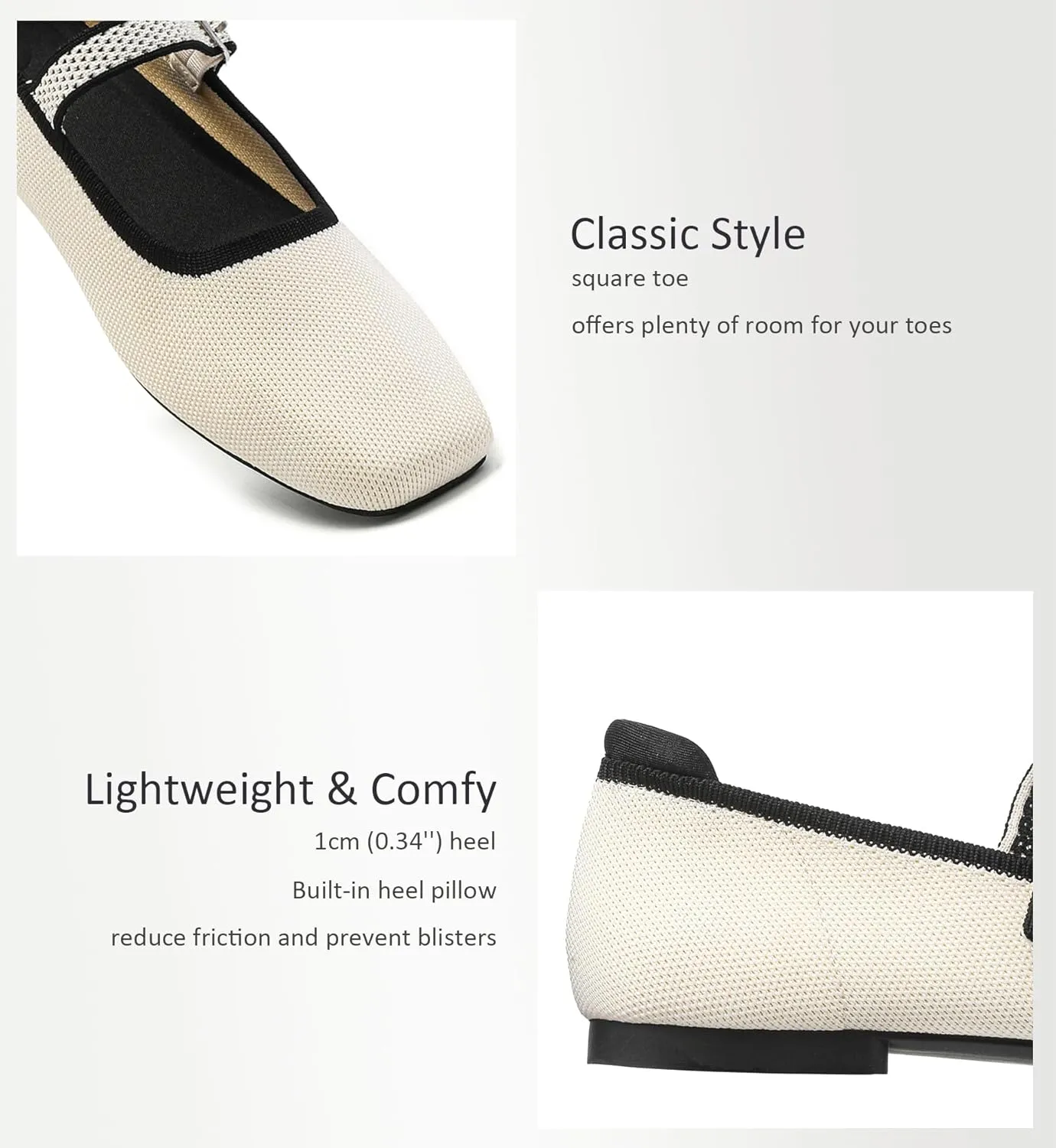 Ballet Flats for Women, Square Toe Mary Jane Shoes Comfortable Dressy Flats Adjustable Straps Washable Knit Casual Office Shoes with Arch Support Latex Insole