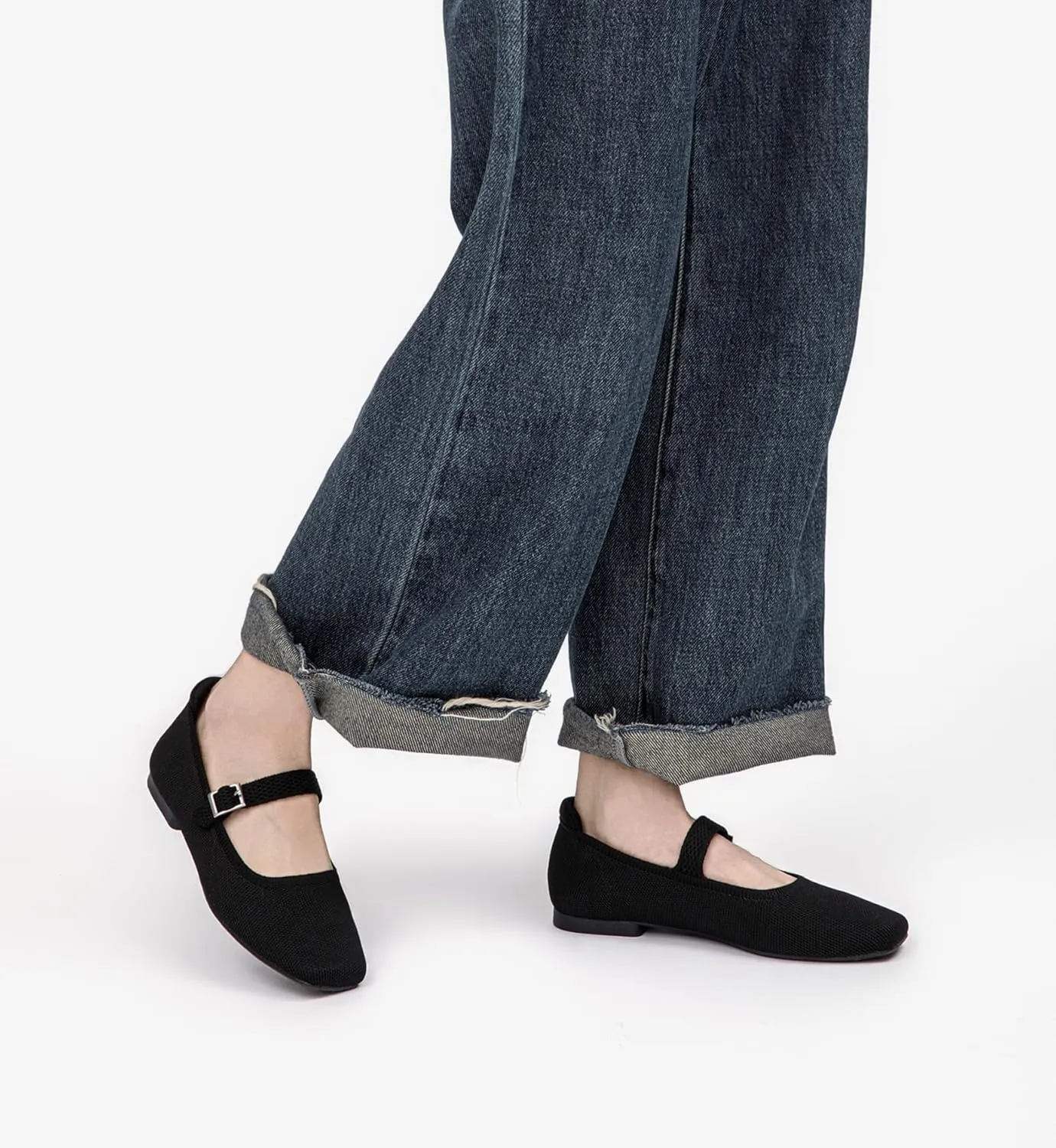 Ballet Flats for Women, Square Toe Mary Jane Shoes Comfortable Dressy Flats Adjustable Straps Washable Knit Casual Office Shoes with Arch Support Latex Insole