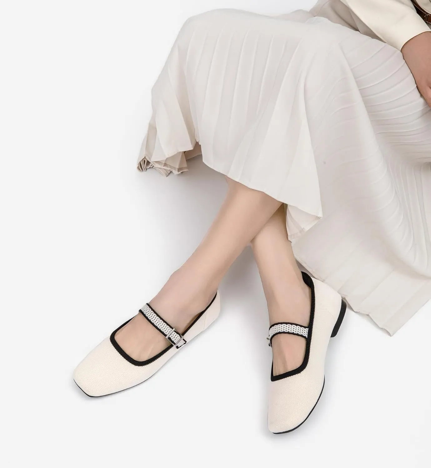 Ballet Flats for Women, Square Toe Mary Jane Shoes Comfortable Dressy Flats Adjustable Straps Washable Knit Casual Office Shoes with Arch Support Latex Insole