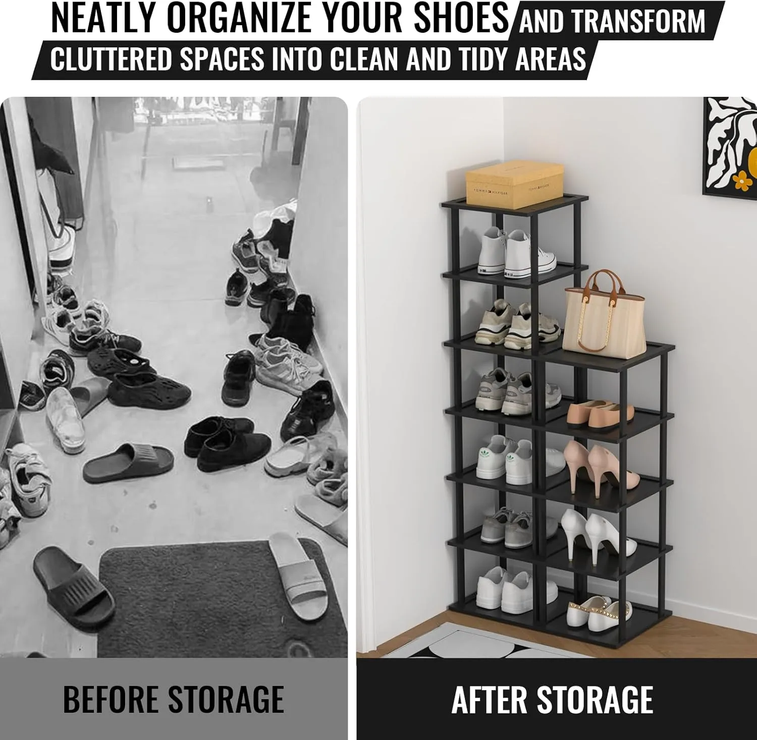 Bamboo Free Standing Shoe Rack Shelf Multi Tier Tall Wooden Stackable Shoes Rack Organizer for Closet Front Door Entrance Narrow Vertical Shoe Storage Rack for Corner Stand (Black, 12 Tiers)