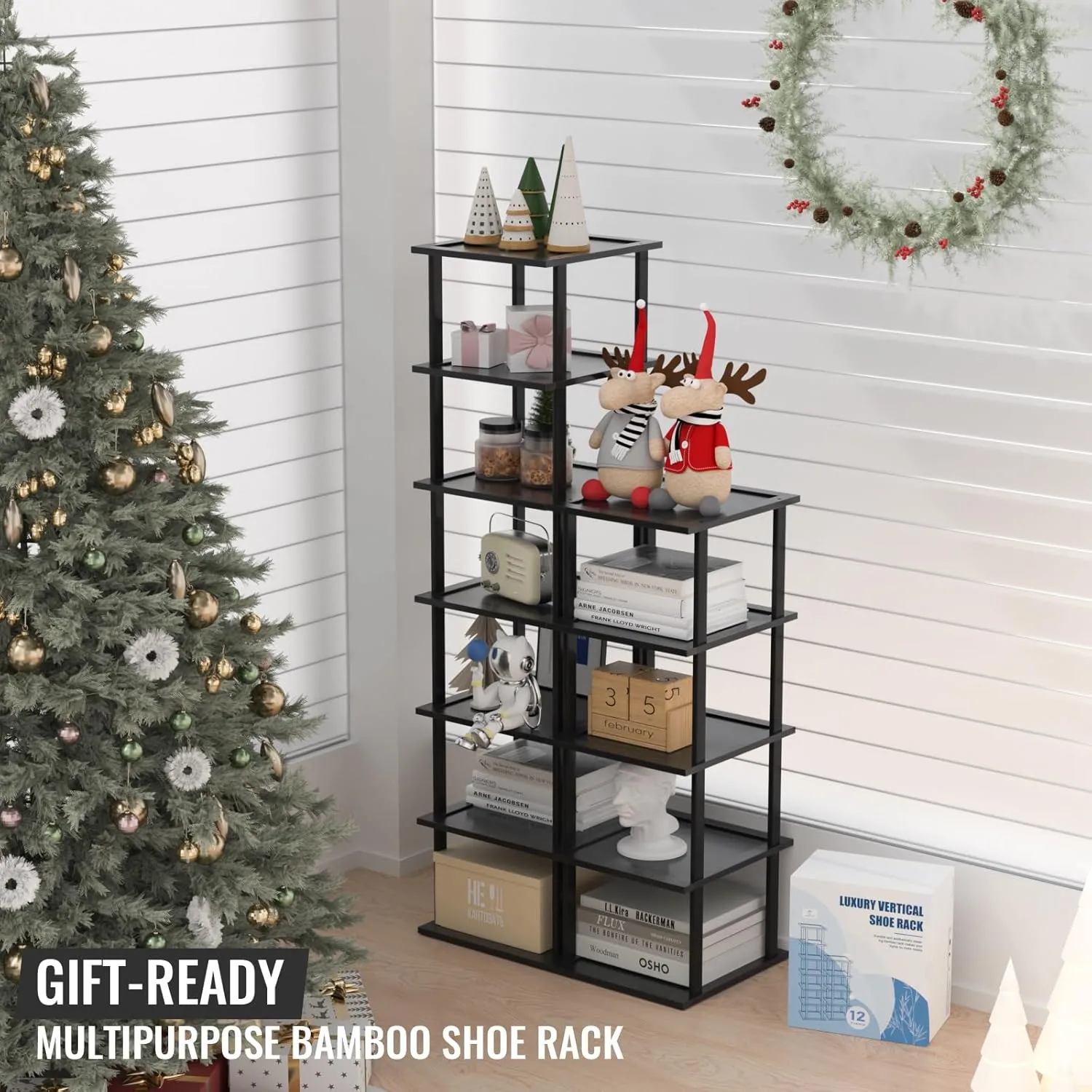 Bamboo Free Standing Shoe Rack Shelf Multi Tier Tall Wooden Stackable Shoes Rack Organizer for Closet Front Door Entrance Narrow Vertical Shoe Storage Rack for Corner Stand (Black, 12 Tiers)