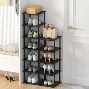 Bamboo Free Standing Shoe Rack Shelf Multi Tier Tall Wooden Stackable Shoes Rack Organizer for Closet Front Door Entrance Narrow Vertical Shoe Storage Rack for Corner Stand (Black, 12 Tiers)