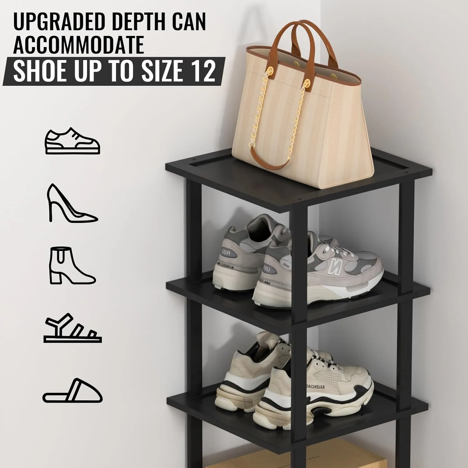 Bamboo Free Standing Shoe Rack Shelf Multi Tier Tall Wooden Stackable Shoes Rack Organizer for Closet Front Door Entrance Narrow Vertical Shoe Storage Rack for Corner Stand (Black, 12 Tiers)