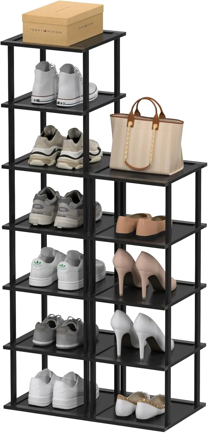Bamboo Free Standing Shoe Rack Shelf Multi Tier Tall Wooden Stackable Shoes Rack Organizer for Closet Front Door Entrance Narrow Vertical Shoe Storage Rack for Corner Stand (Black, 12 Tiers)