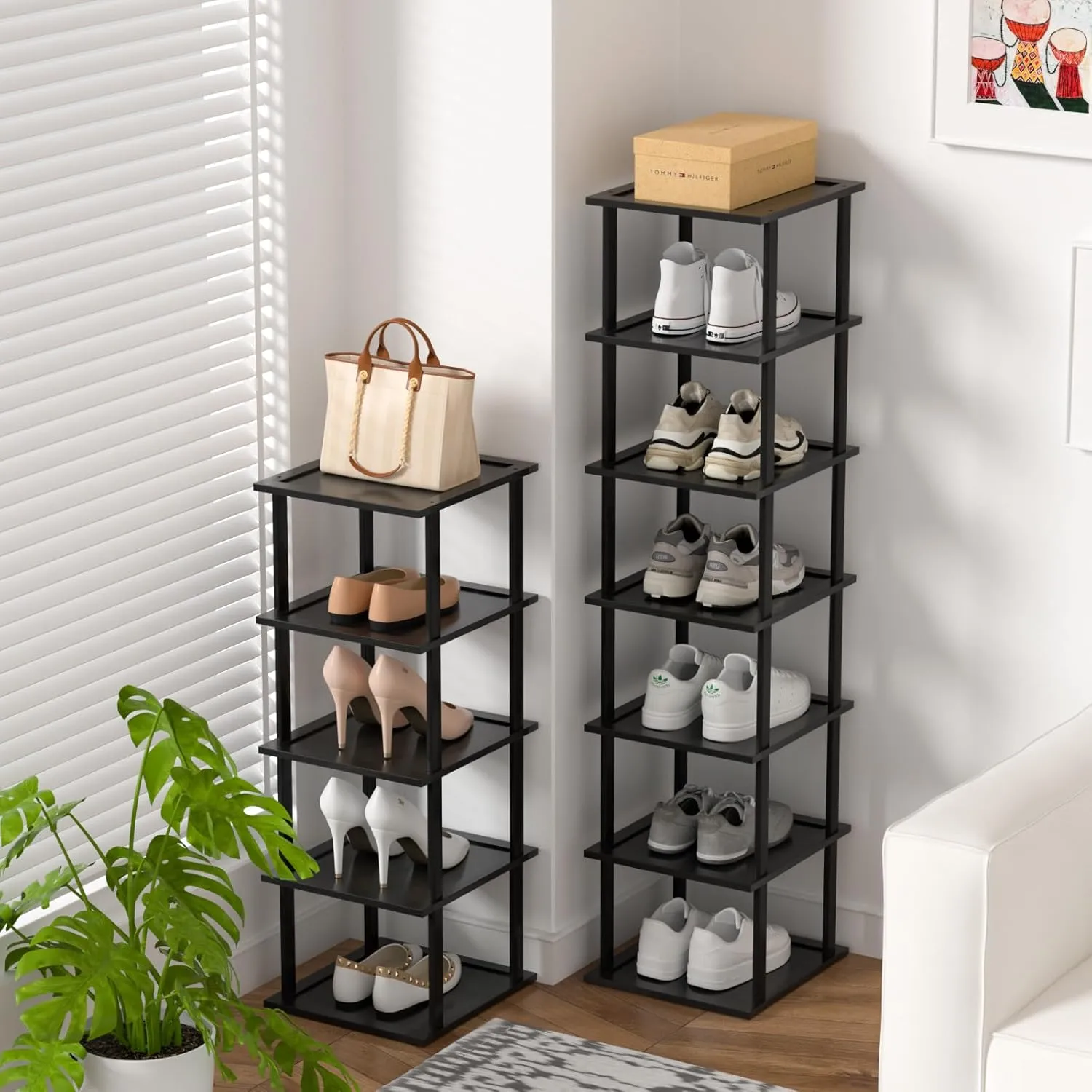Bamboo Free Standing Shoe Rack Shelf Multi Tier Tall Wooden Stackable Shoes Rack Organizer for Closet Front Door Entrance Narrow Vertical Shoe Storage Rack for Corner Stand (Black, 12 Tiers)