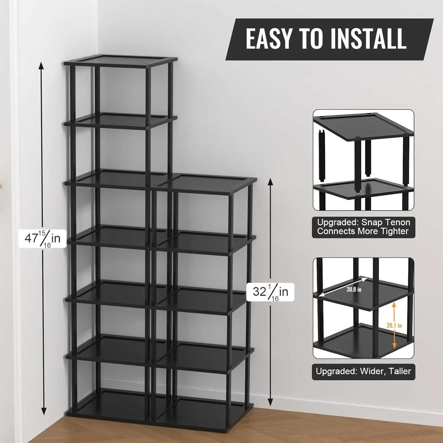 Bamboo Free Standing Shoe Rack Shelf Multi Tier Tall Wooden Stackable Shoes Rack Organizer for Closet Front Door Entrance Narrow Vertical Shoe Storage Rack for Corner Stand (Black, 12 Tiers)