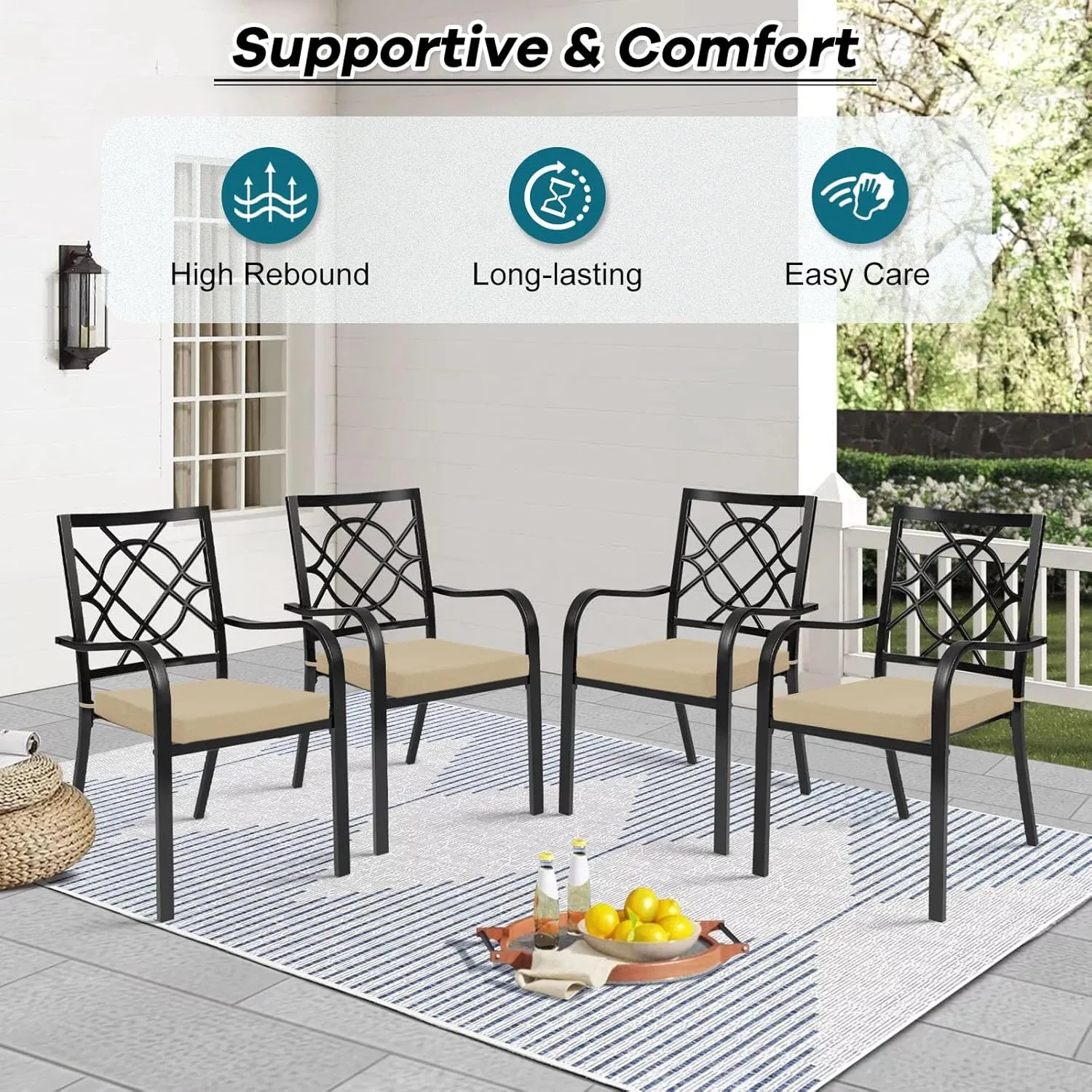 Basic Beyond Indoor/Outdoor Chair Cushions, Waterproof Patio Furniture Cushions - Square Corner Seat Cushions for Patio Furniture with Ties, 18.5"x16"x3", Beige, 4 Count (Pack of 1)