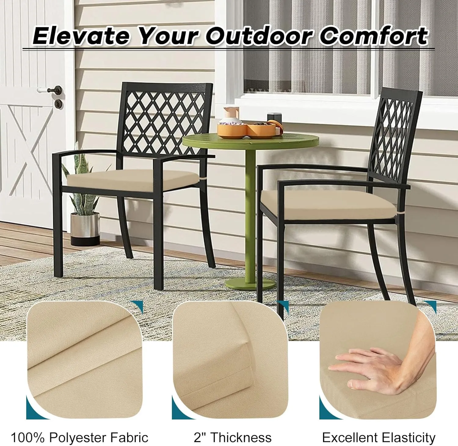 Basic Beyond Outdoor Chair Cushions Set of 4, Outdoor Cushions for Patio Furniture, Water Resistant Patio Chair Cushions with 2 Ties, 17x16x2, Beige
