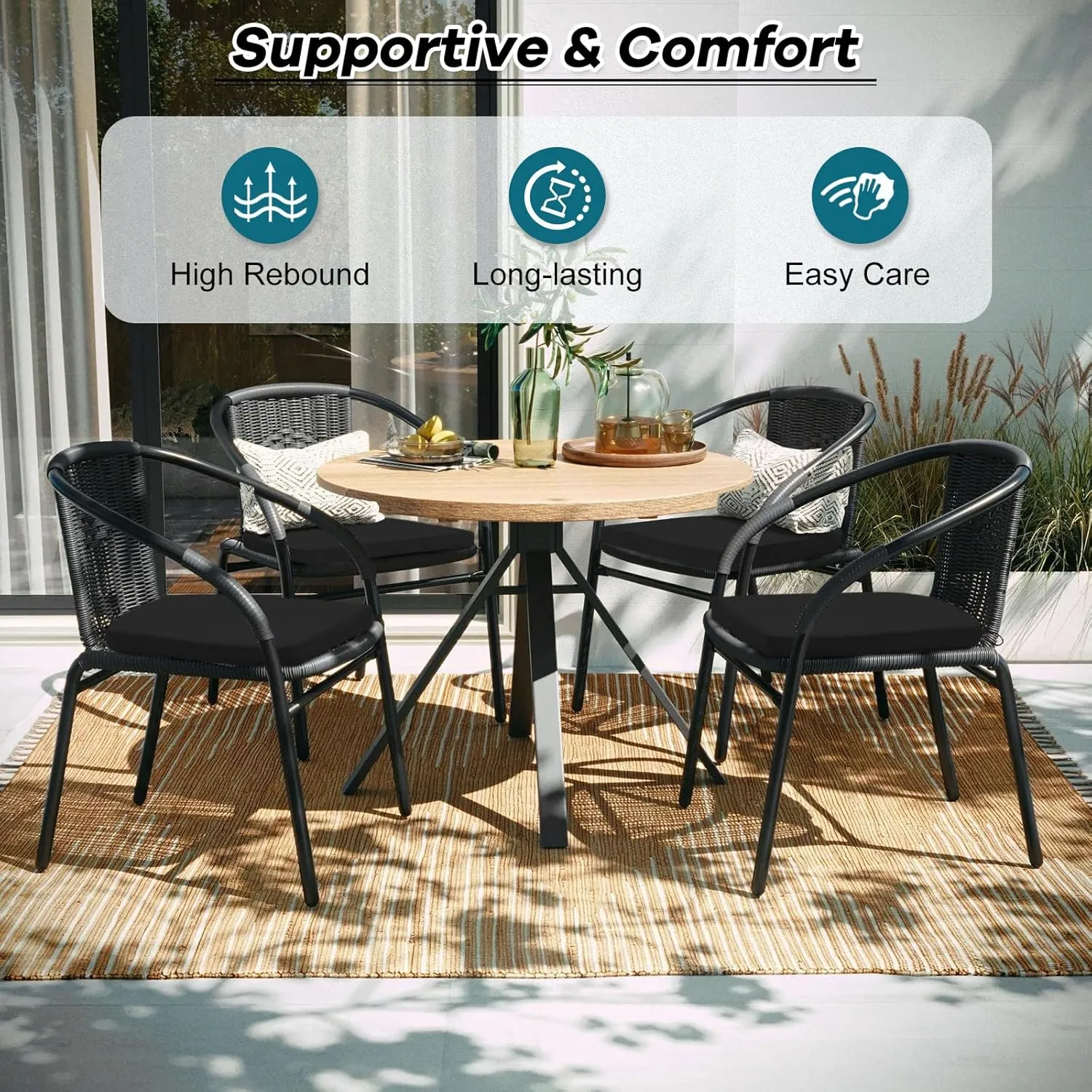 Basic Beyond Outdoor Chair Cushions Set of 4, Outdoor Cushions for Patio Furniture, Water Resistant Patio Chair Cushions with 2 Ties, 17x16x2, Black