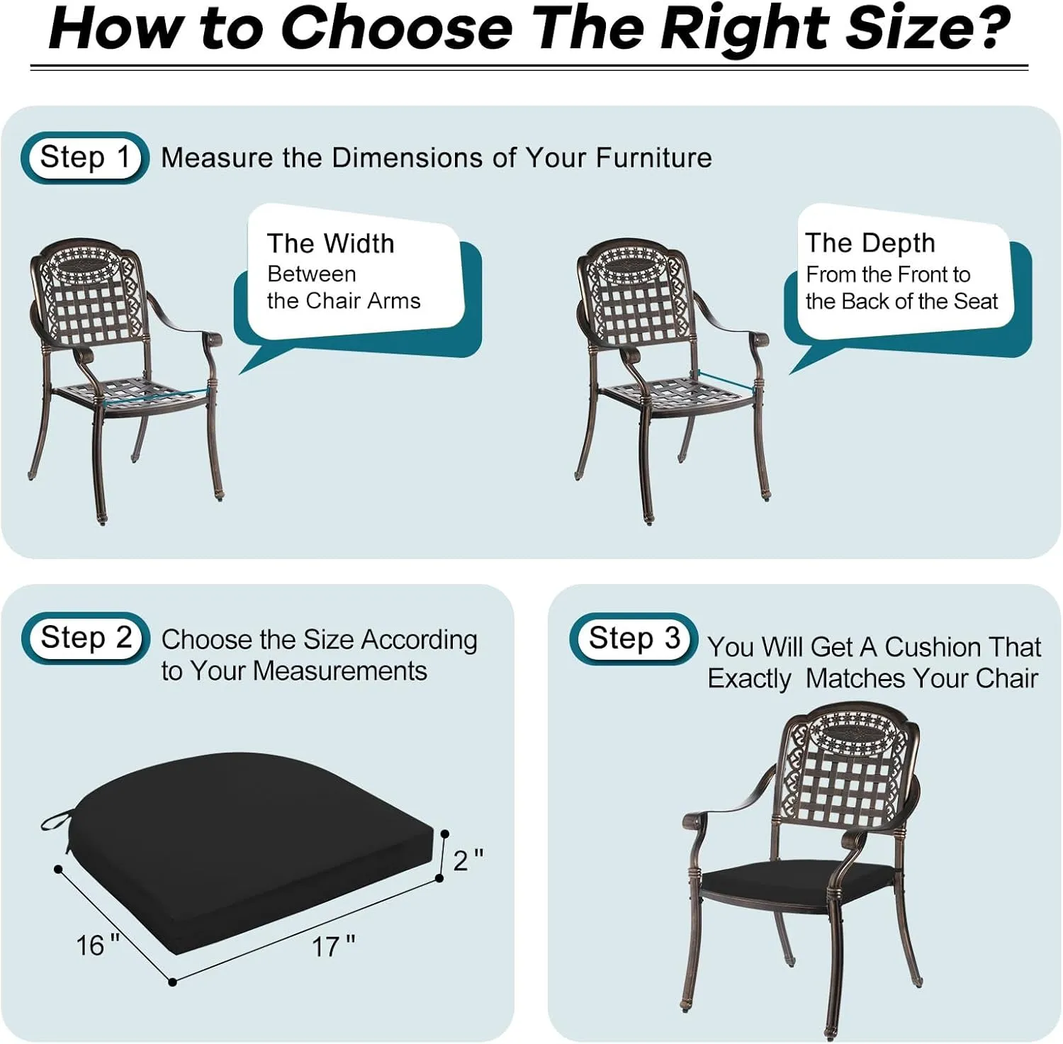 Basic Beyond Outdoor Chair Cushions Set of 4, Outdoor Cushions for Patio Furniture, Water Resistant Patio Chair Cushions with 2 Ties, 17x16x2, Black