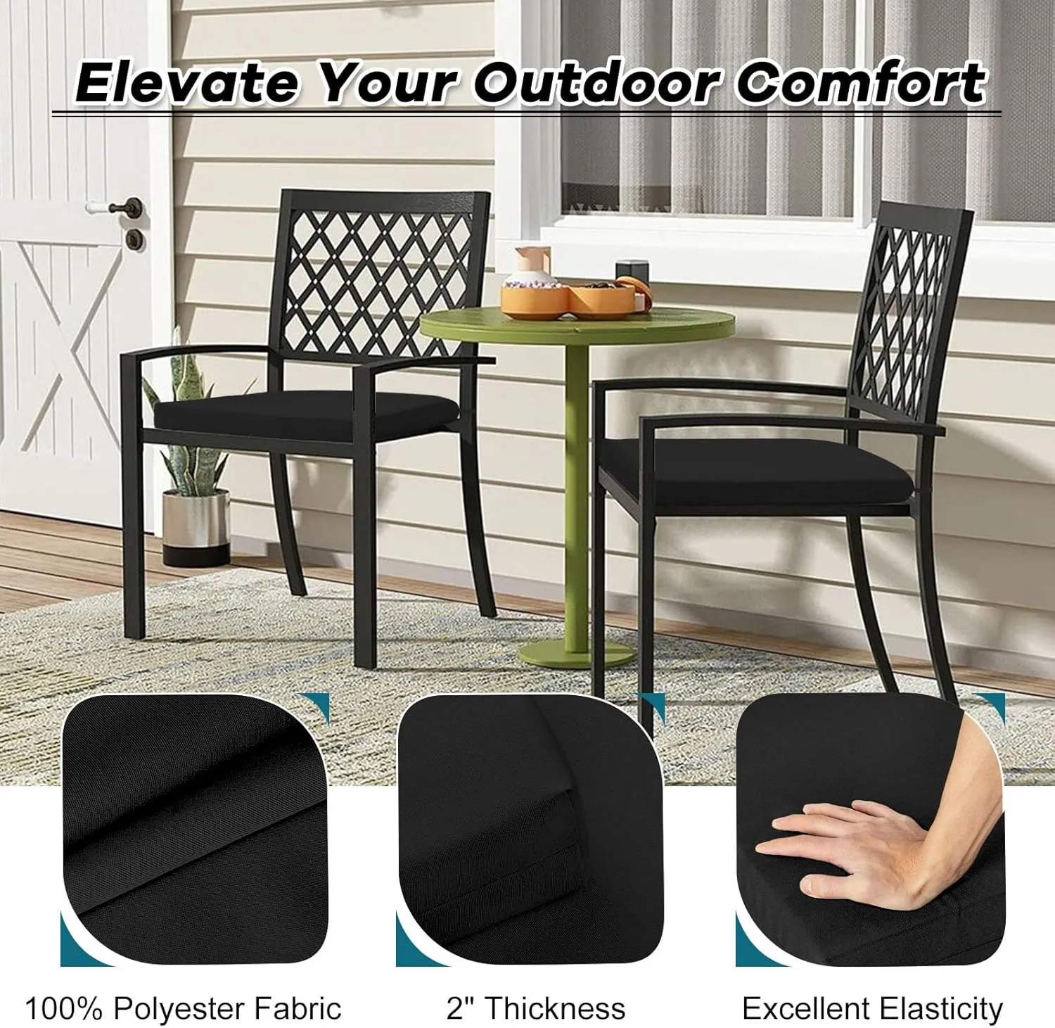 Basic Beyond Outdoor Chair Cushions Set of 4, Outdoor Cushions for Patio Furniture, Water Resistant Patio Chair Cushions with 2 Ties, 17x16x2, Black