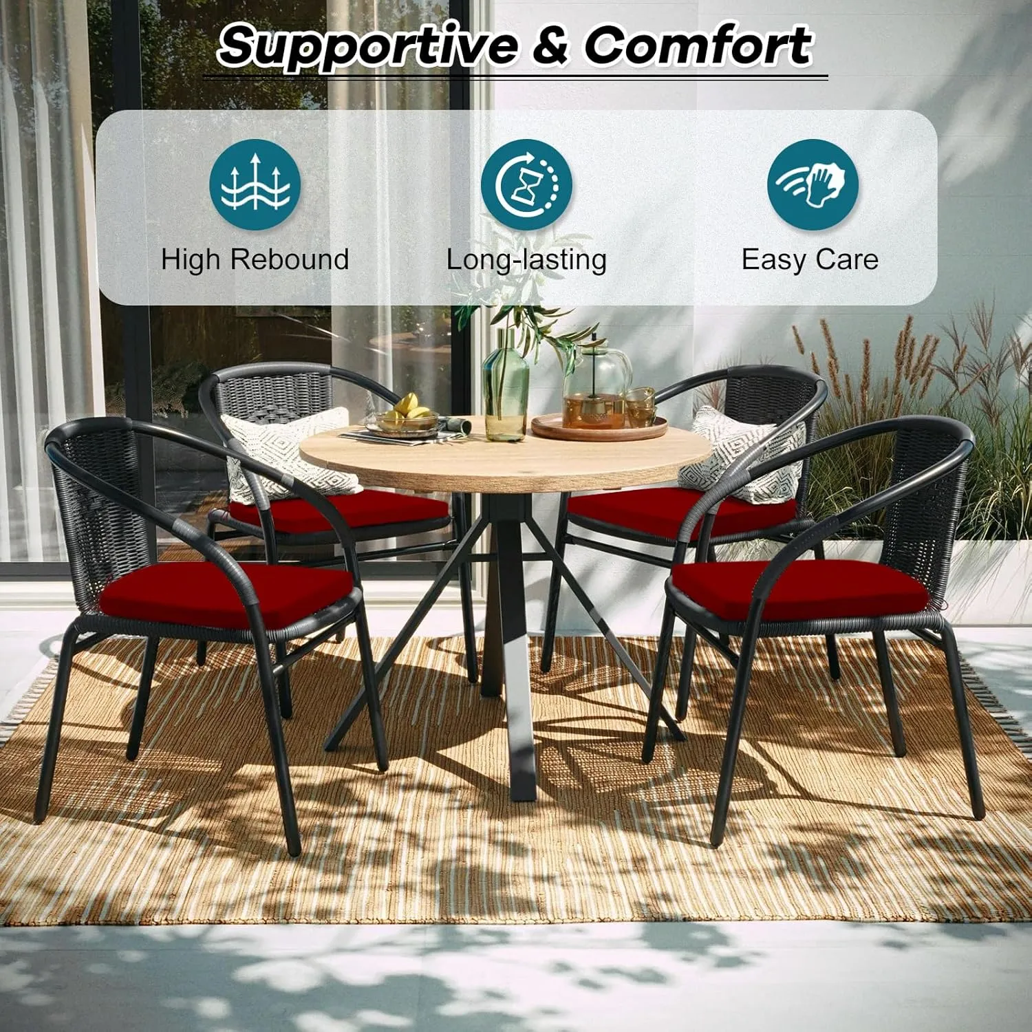 Basic Beyond Outdoor Chair Cushions Set of 4, Outdoor Cushions for Patio Furniture, Water Resistant Patio Chair Cushions with 2 Ties, 17x16x2, Burgundy