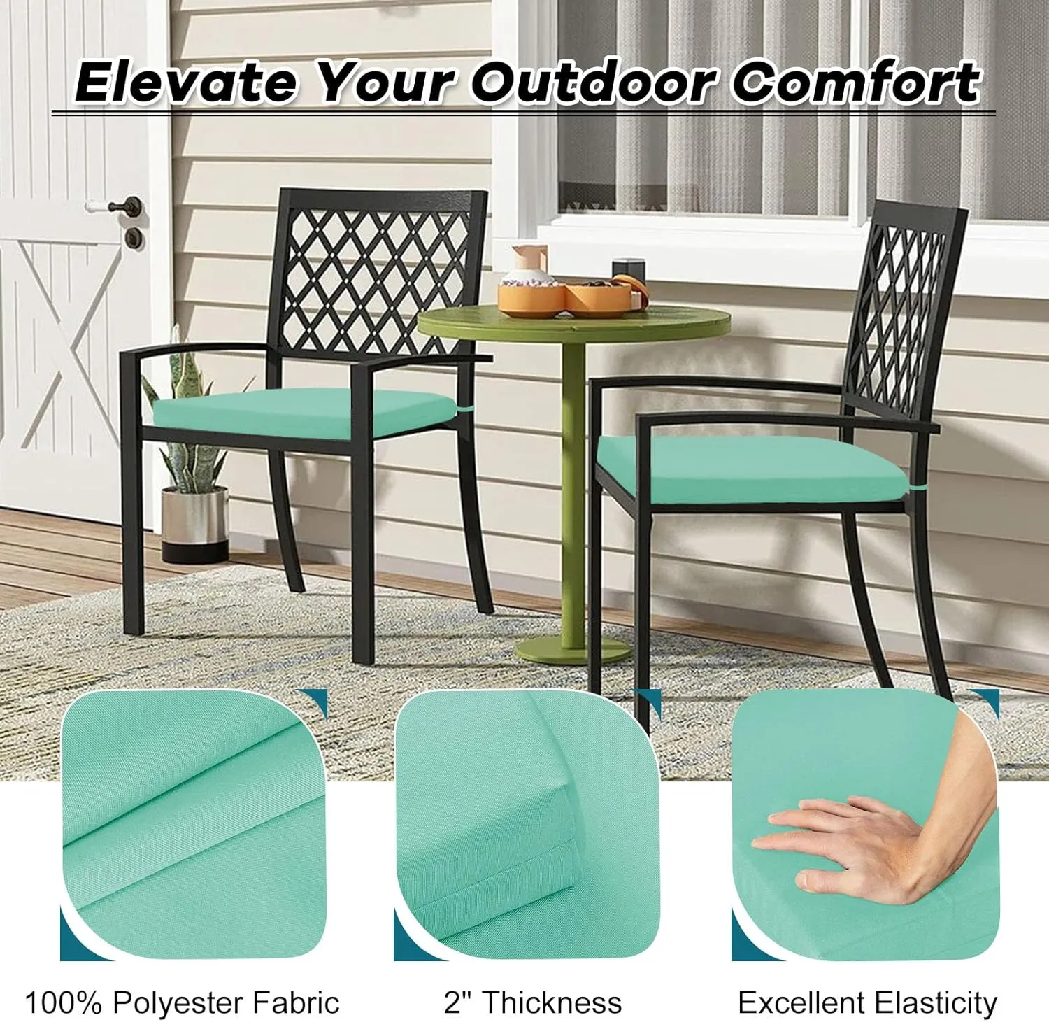 Basic Beyond Outdoor Chair Cushions Set of 4, Square Corner Outdoor Cushions for Patio Furniture, Water Resistant Patio Chair Cushions with 2 Ties, 18.5x16x3, Aqua Blue