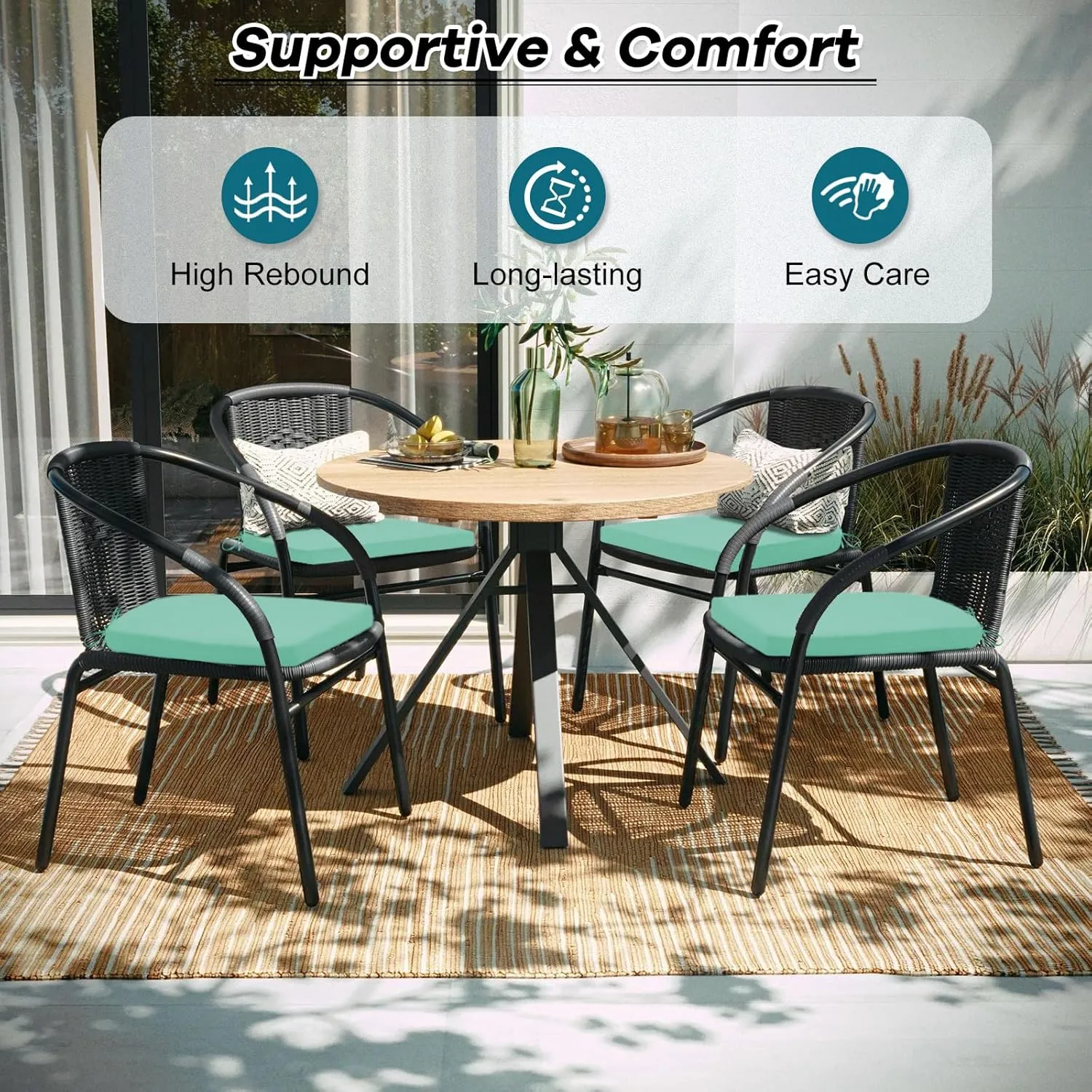 Basic Beyond Outdoor Chair Cushions Set of 4, Square Corner Outdoor Cushions for Patio Furniture, Water Resistant Patio Chair Cushions with 2 Ties, 18.5x16x3, Aqua Blue
