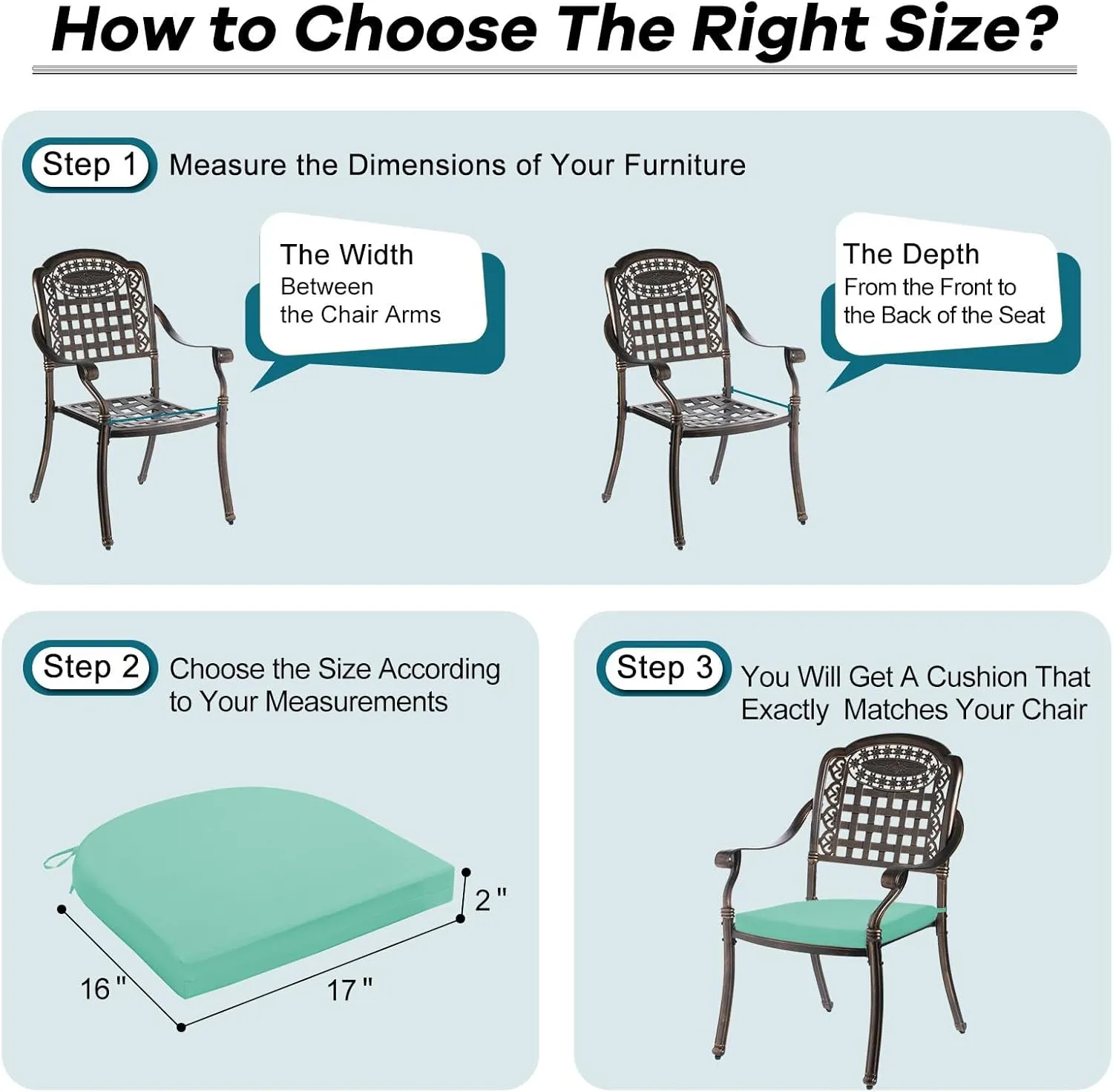 Basic Beyond Outdoor Chair Cushions Set of 4, Square Corner Outdoor Cushions for Patio Furniture, Water Resistant Patio Chair Cushions with 2 Ties, 18.5x16x3, Aqua Blue