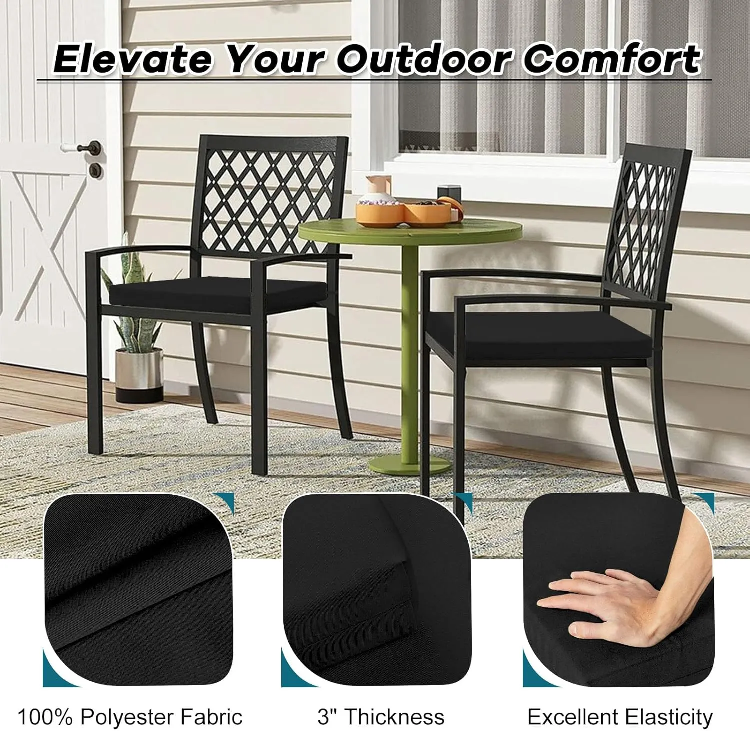 Basic Beyond Outdoor Chair Cushions Set of 4, Square Corner Outdoor Cushions for Patio Furniture, Water Resistant Patio Chair Cushions with 2 Ties, 18.5x16x3, Black