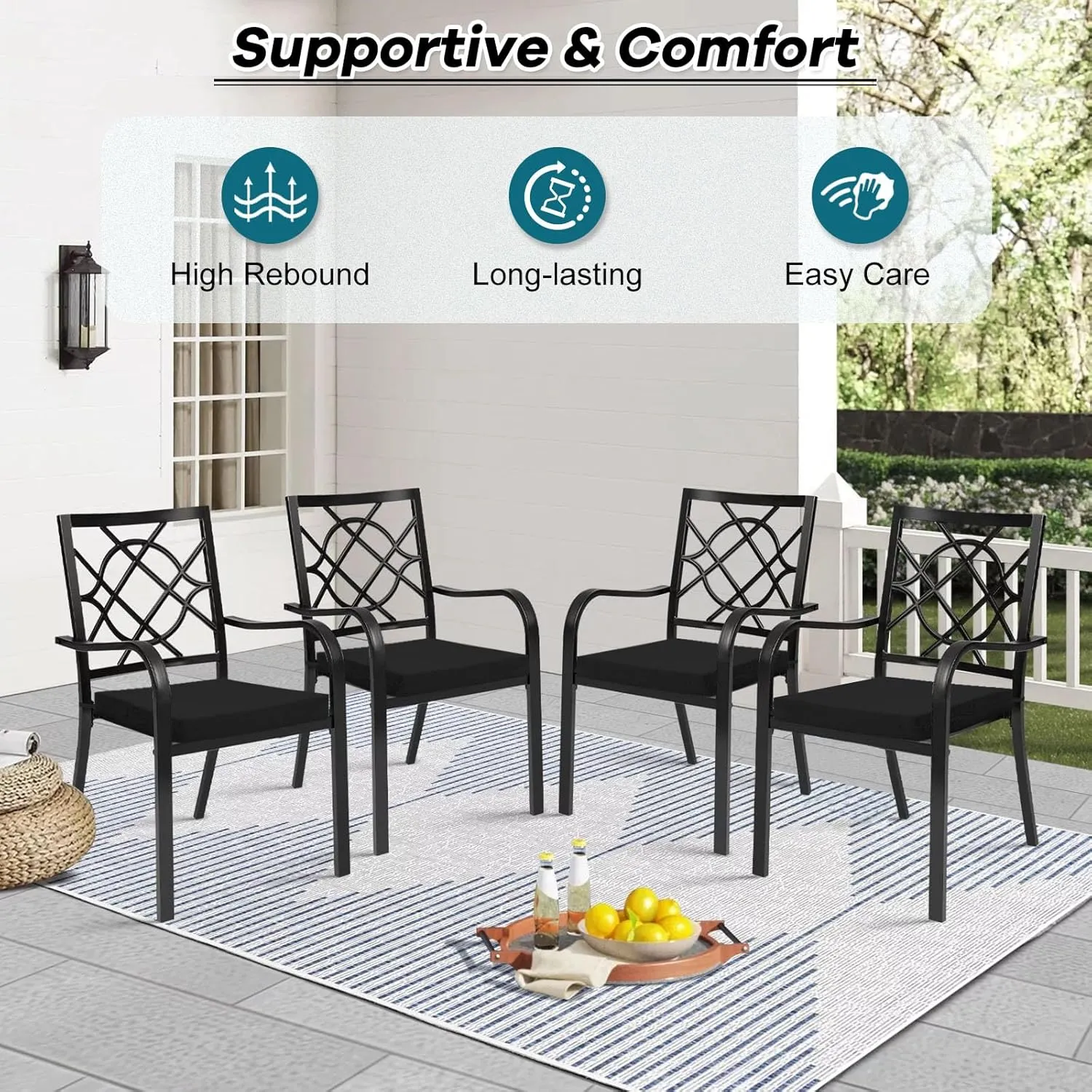 Basic Beyond Outdoor Chair Cushions Set of 4, Square Corner Outdoor Cushions for Patio Furniture, Water Resistant Patio Chair Cushions with 2 Ties, 18.5x16x3, Black