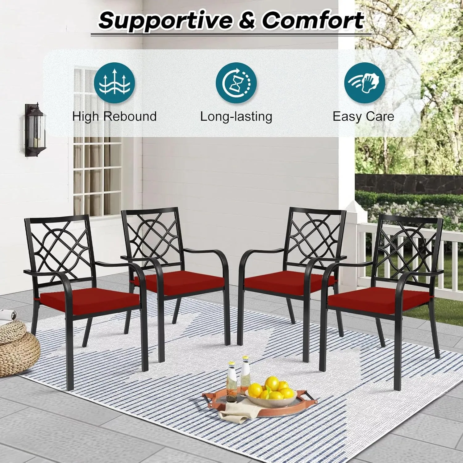Basic Beyond Outdoor Chair Cushions Set of 4, Square Corner Outdoor Cushions for Patio Furniture, Water Resistant Patio Chair Cushions with 2 Ties, 18.5x16x3, Brick Red