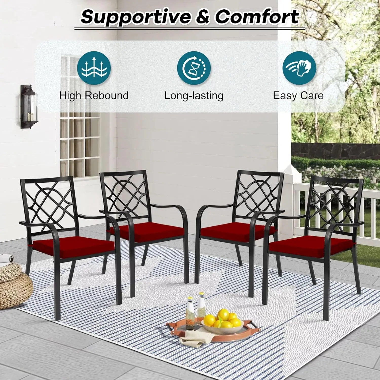 Basic Beyond Outdoor Chair Cushions Set of 4, Square Corner Outdoor Cushions for Patio Furniture, Water Resistant Patio Chair Cushions with 2 Ties, 18.5x16x3, Burgundy